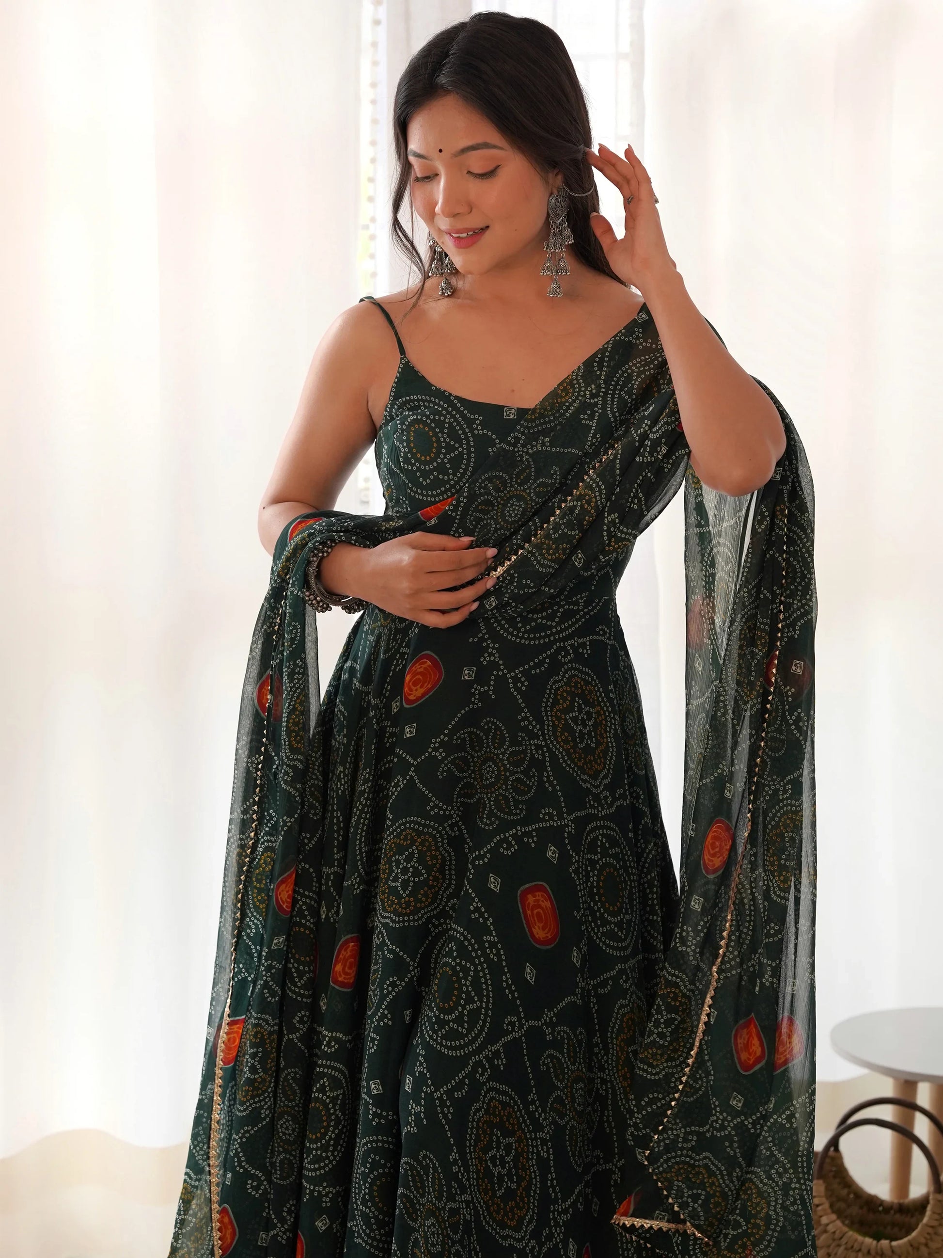 Enchanting Green Bandhani Printed Chiffon Traditional Gown - Zeel Clothing