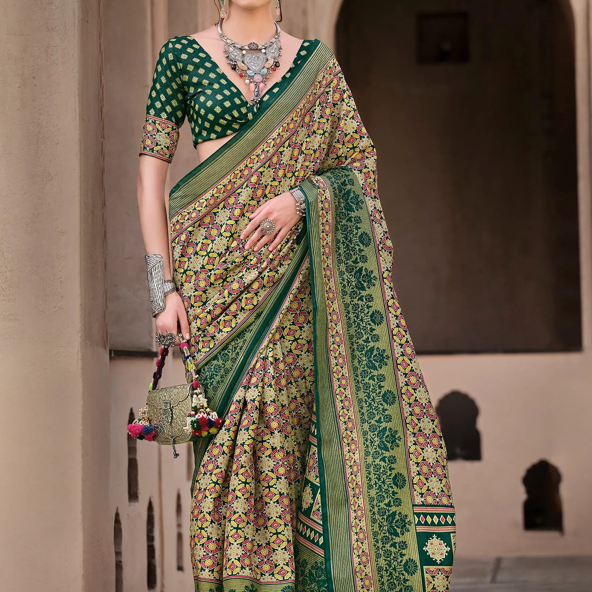Enchanting Green Digital Printed Silk Mehendi Wear Saree With Blouse - Zeel Clothing