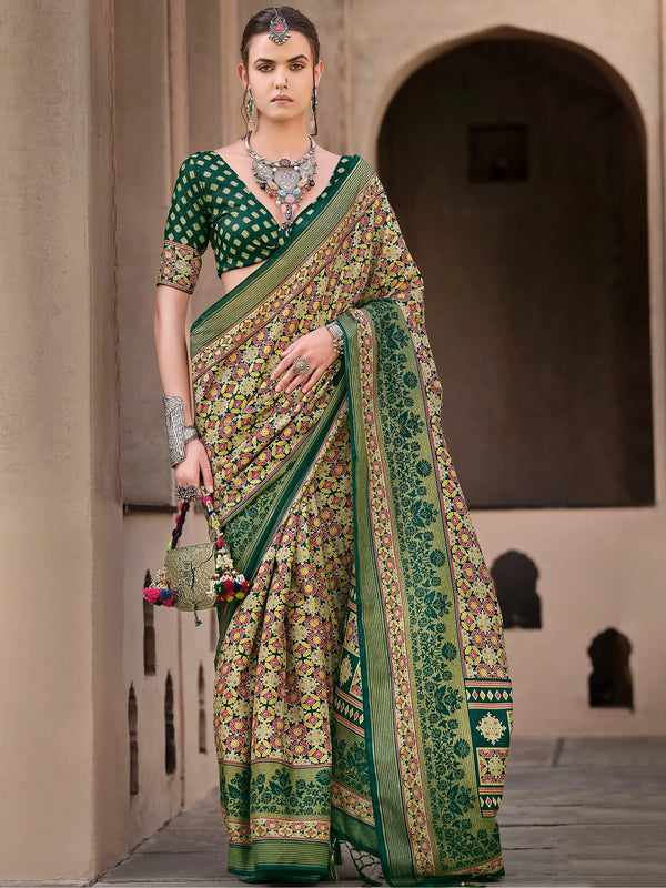 Enchanting Green Digital Printed Silk Mehendi Wear Saree With Blouse - Zeel Clothing