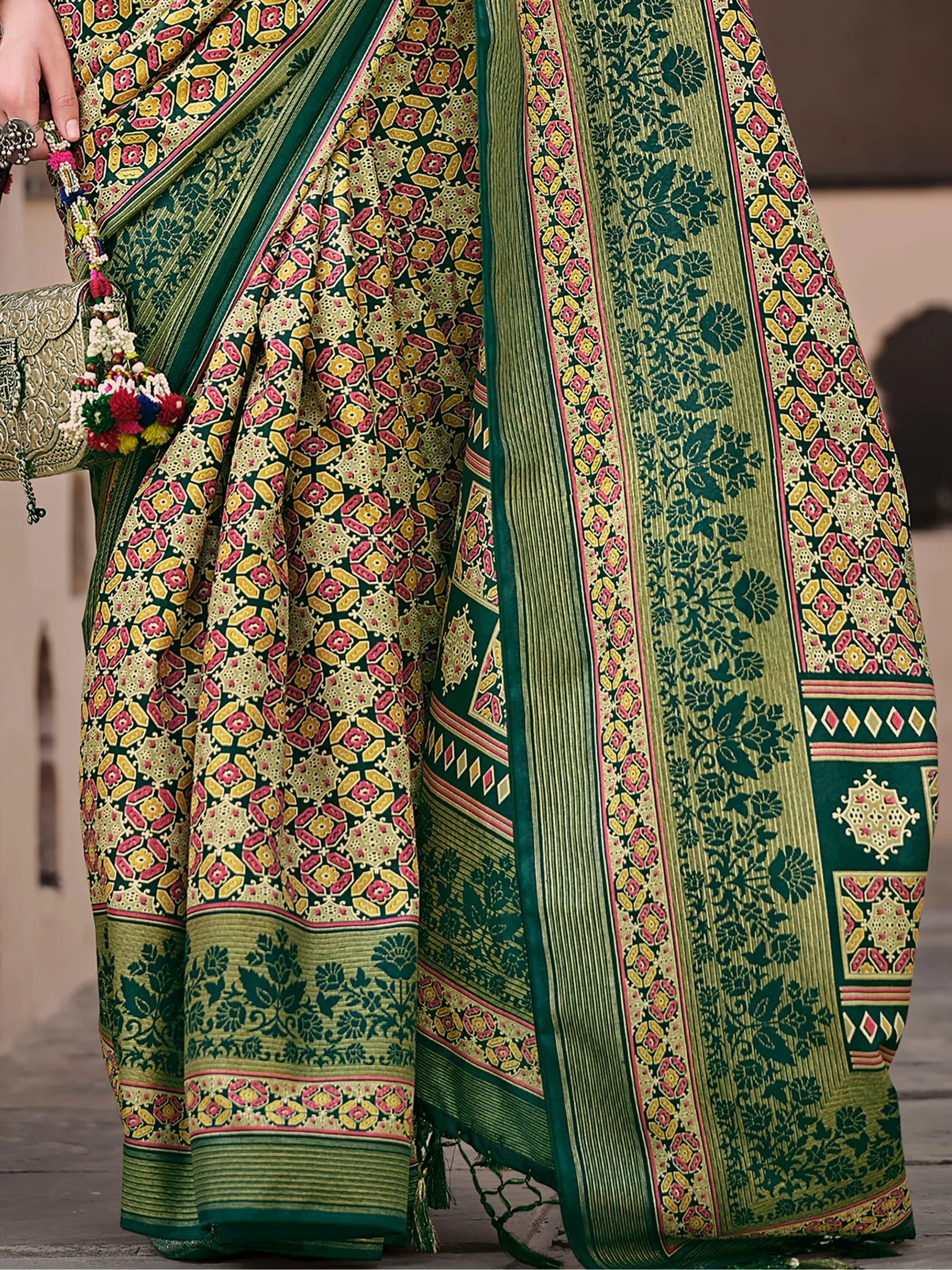 Enchanting Green Digital Printed Silk Mehendi Wear Saree With Blouse - Zeel Clothing