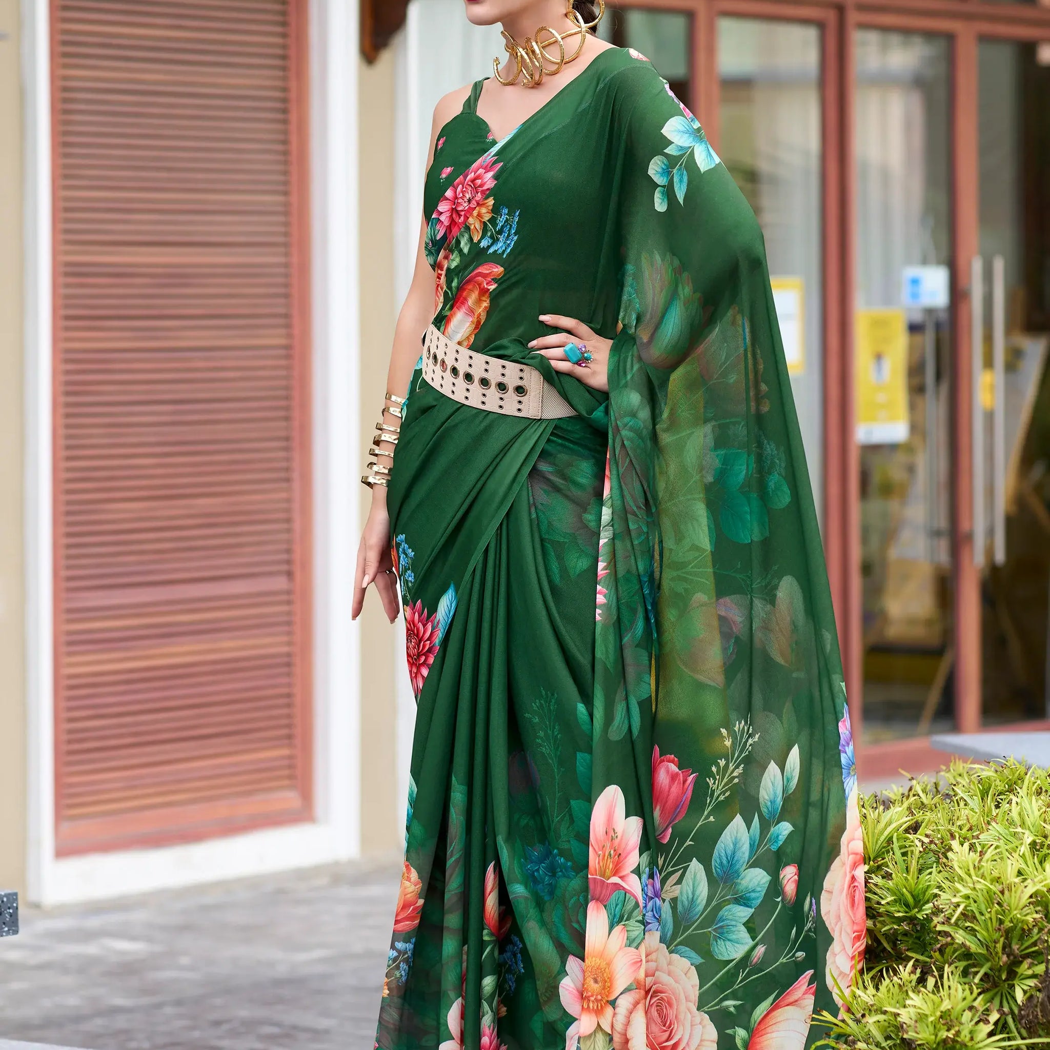 Enchanting Green Floral Printed Georgette Saree With Blouse - Zeel Clothing