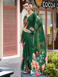 Enchanting Green Floral Printed Georgette Saree With Blouse - Zeel Clothing