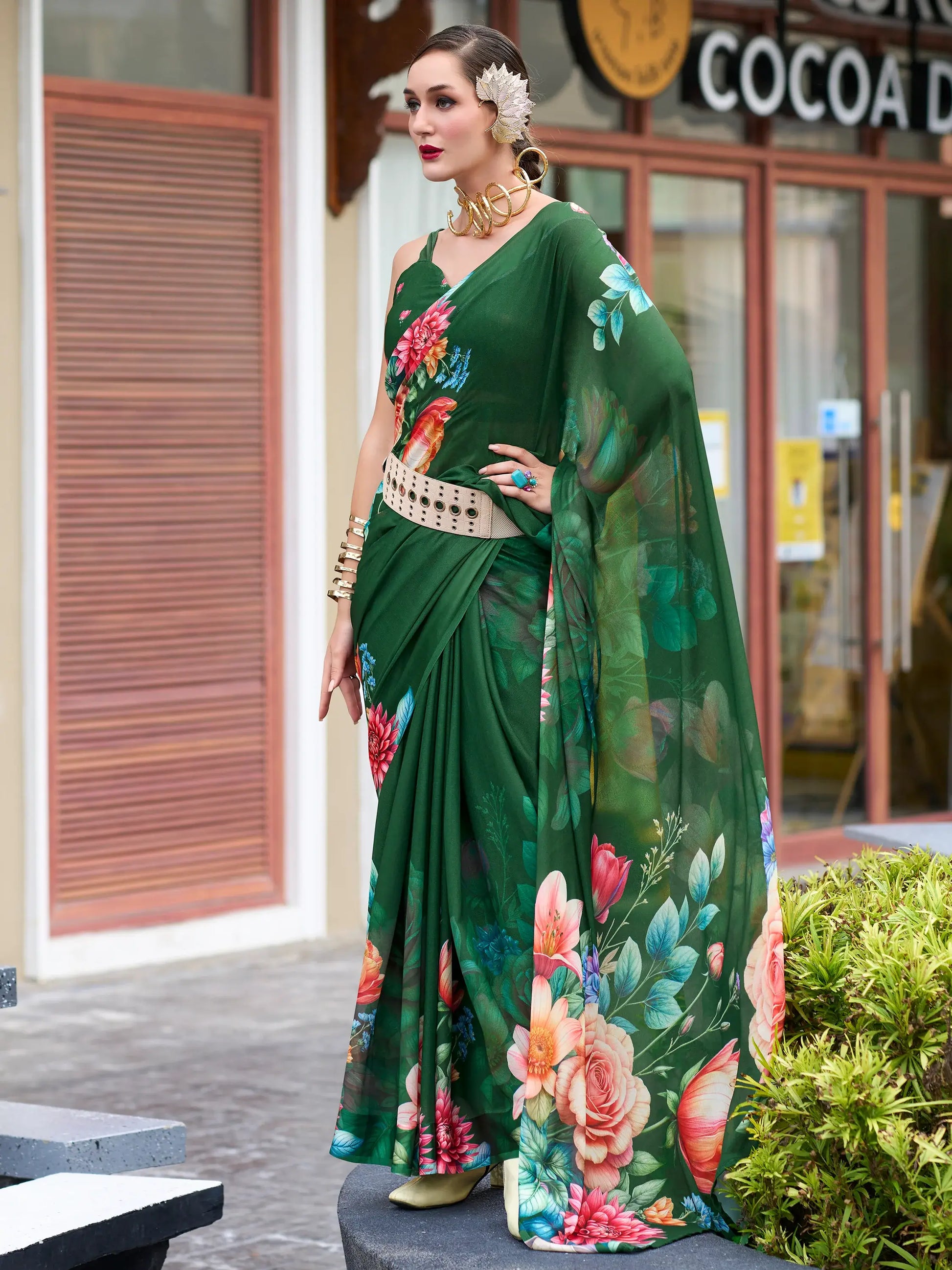 Enchanting Green Floral Printed Georgette Saree With Blouse - Zeel Clothing