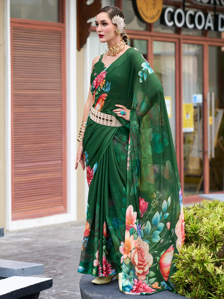 Enchanting Green Floral Printed Georgette Saree With Blouse - Zeel Clothing