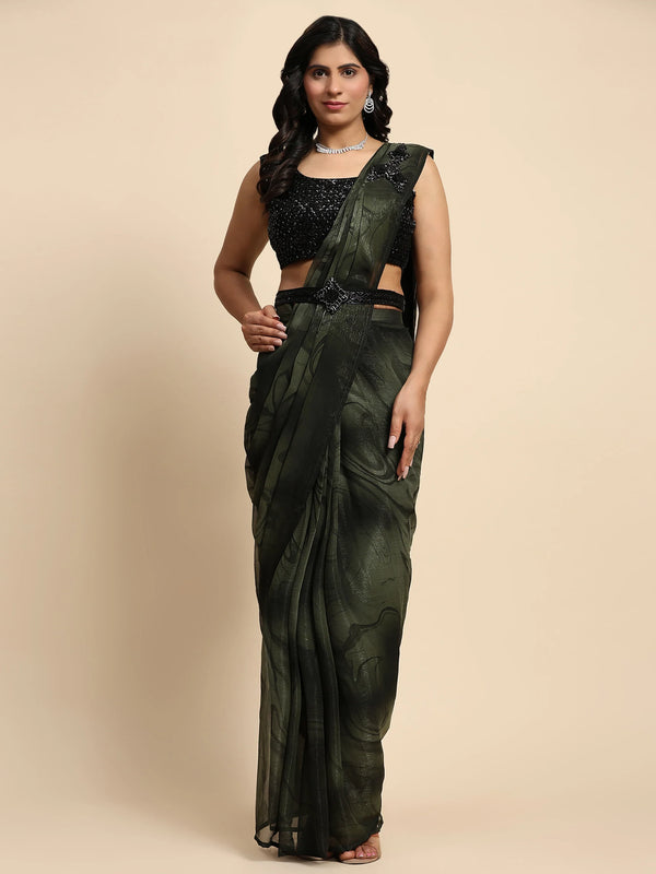 Enchanting Green Printed Satin Pre-Stitched Saree With Blouse - Zeel Clothing