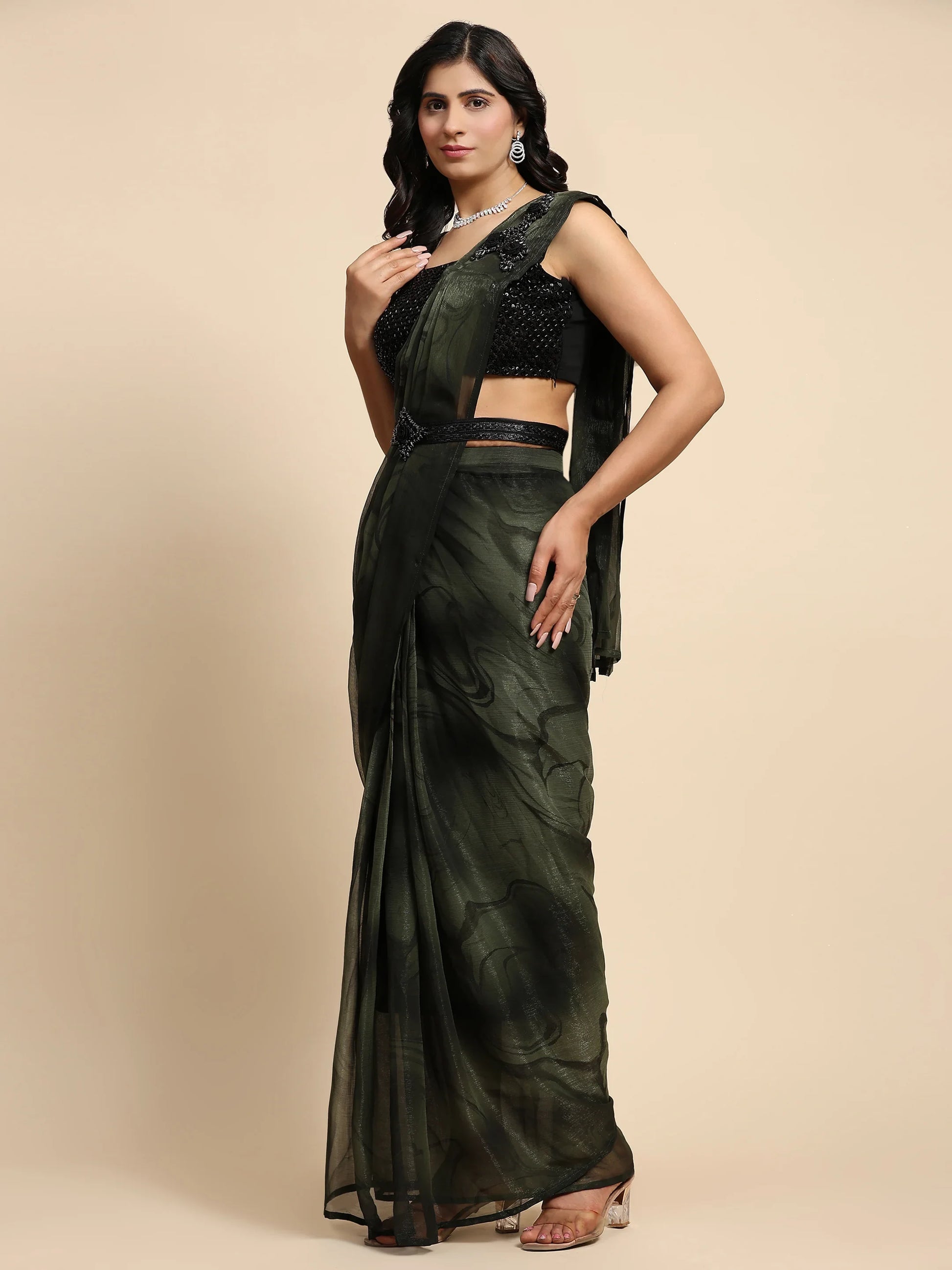 Enchanting Green Printed Satin Pre-Stitched Saree With Blouse - Zeel Clothing