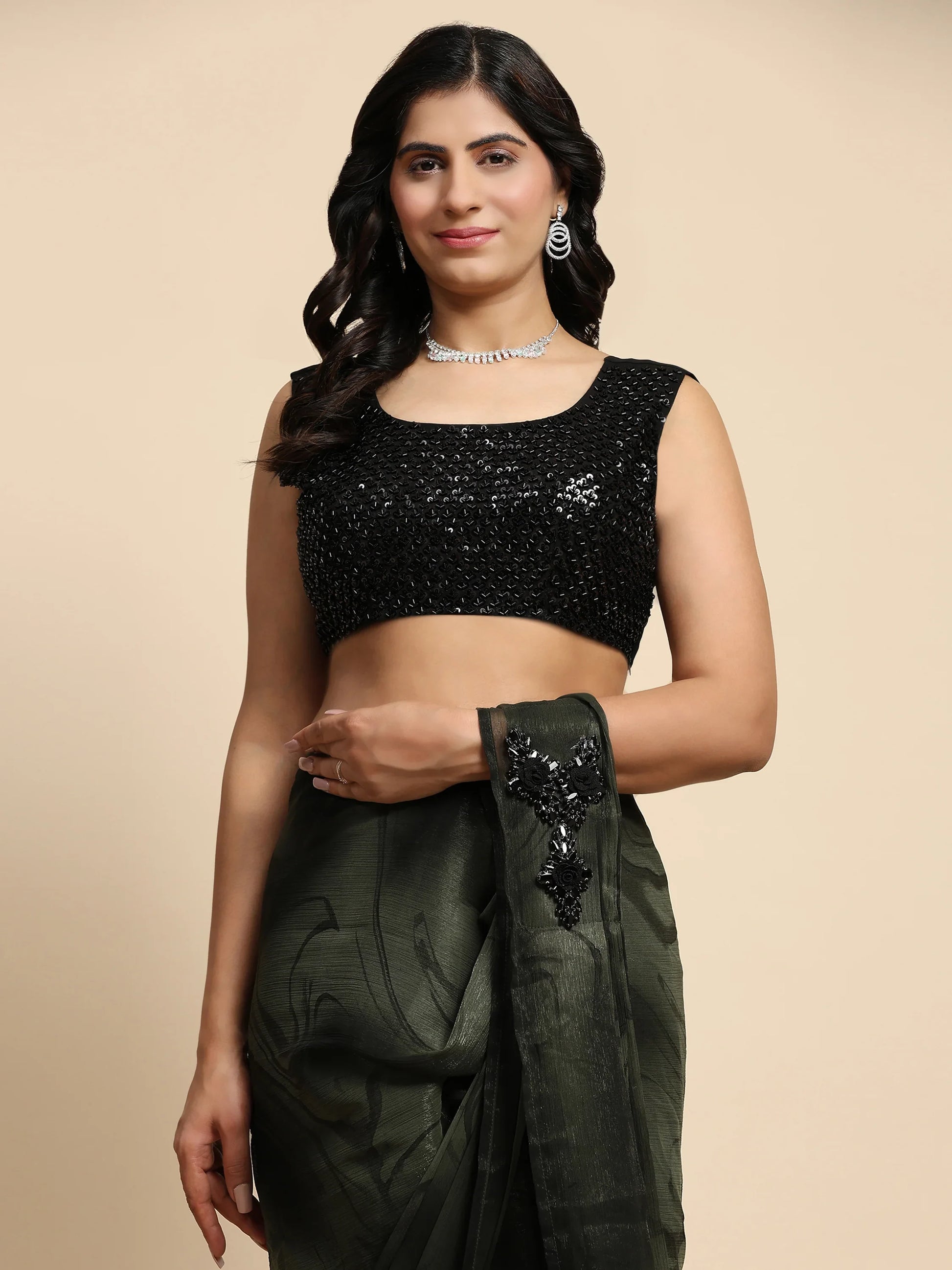 Enchanting Green Printed Satin Pre-Stitched Saree With Blouse - Zeel Clothing