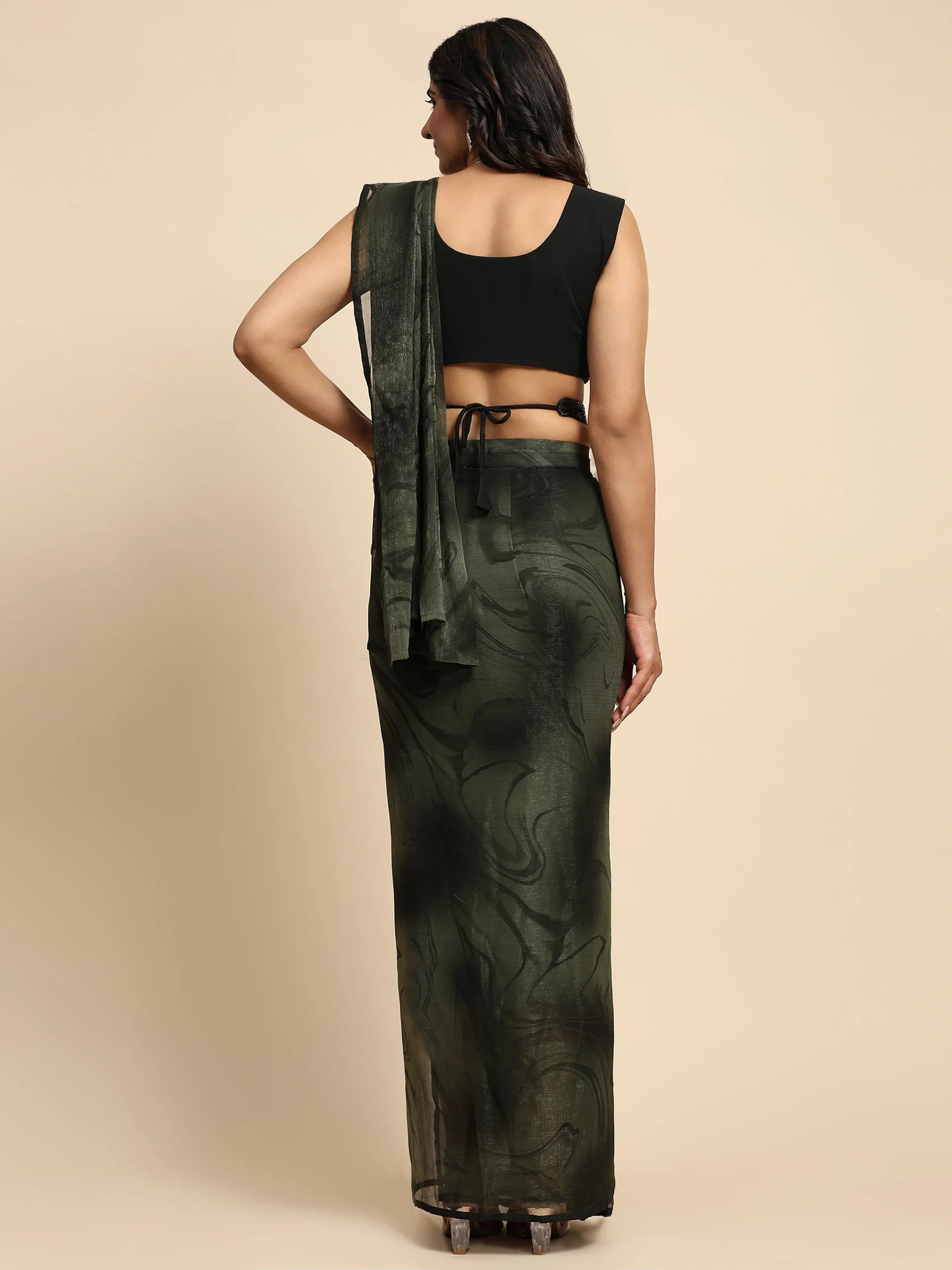 Enchanting Green Printed Satin Pre-Stitched Saree With Blouse - Zeel Clothing
