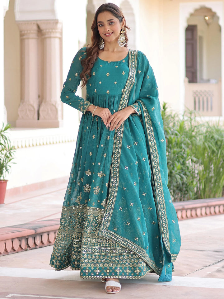 Enchanting Green Sequins Embroidered Silk Festive Gown With Dupatta