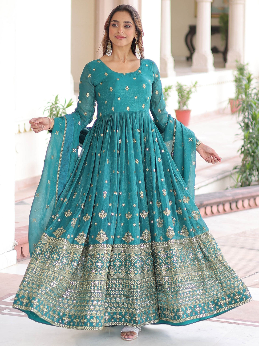 Enchanting Green Sequins Embroidered Silk Festive Gown With Dupatta