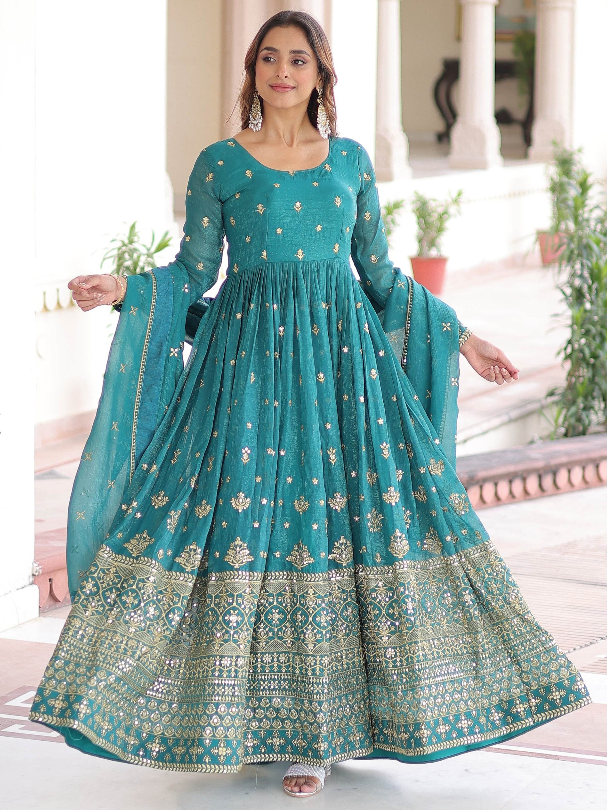 Enchanting Green Sequins Embroidered Silk Festive Gown With Dupatta
