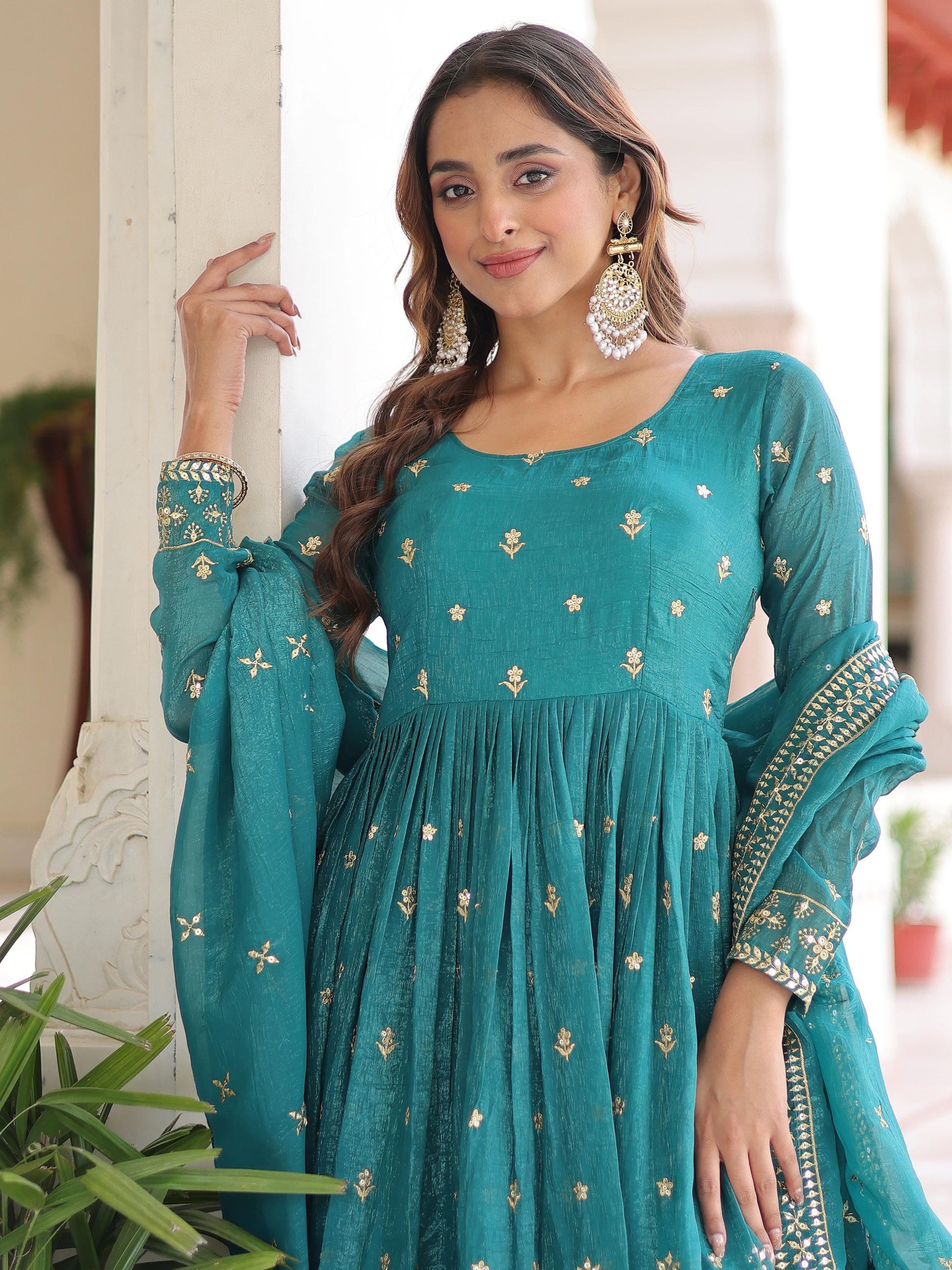 Enchanting Green Sequins Embroidered Silk Festive Gown With Dupatta
