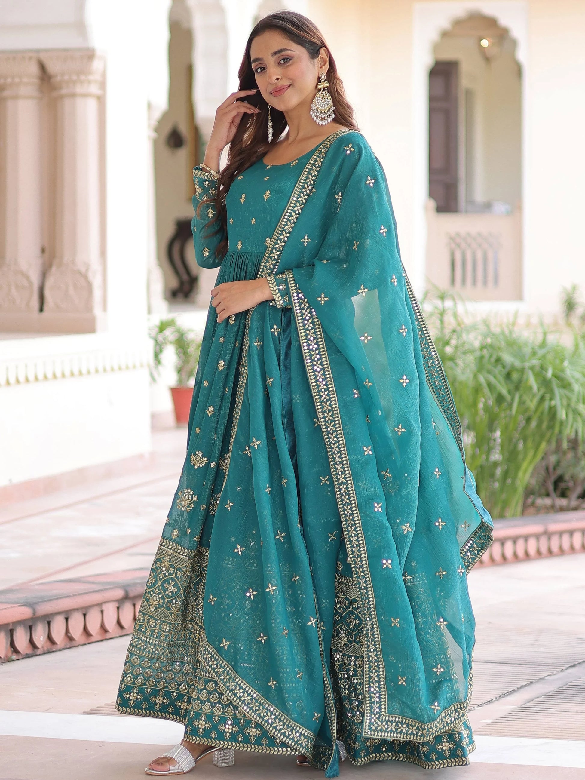 Enchanting Green Sequins Embroidered Silk Festive Gown With Dupatta