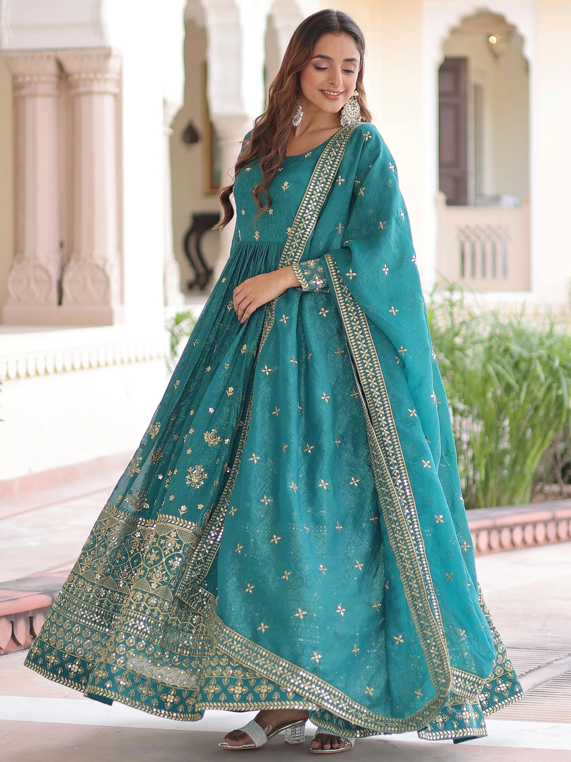 Enchanting Green Sequins Embroidered Silk Festive Gown With Dupatta