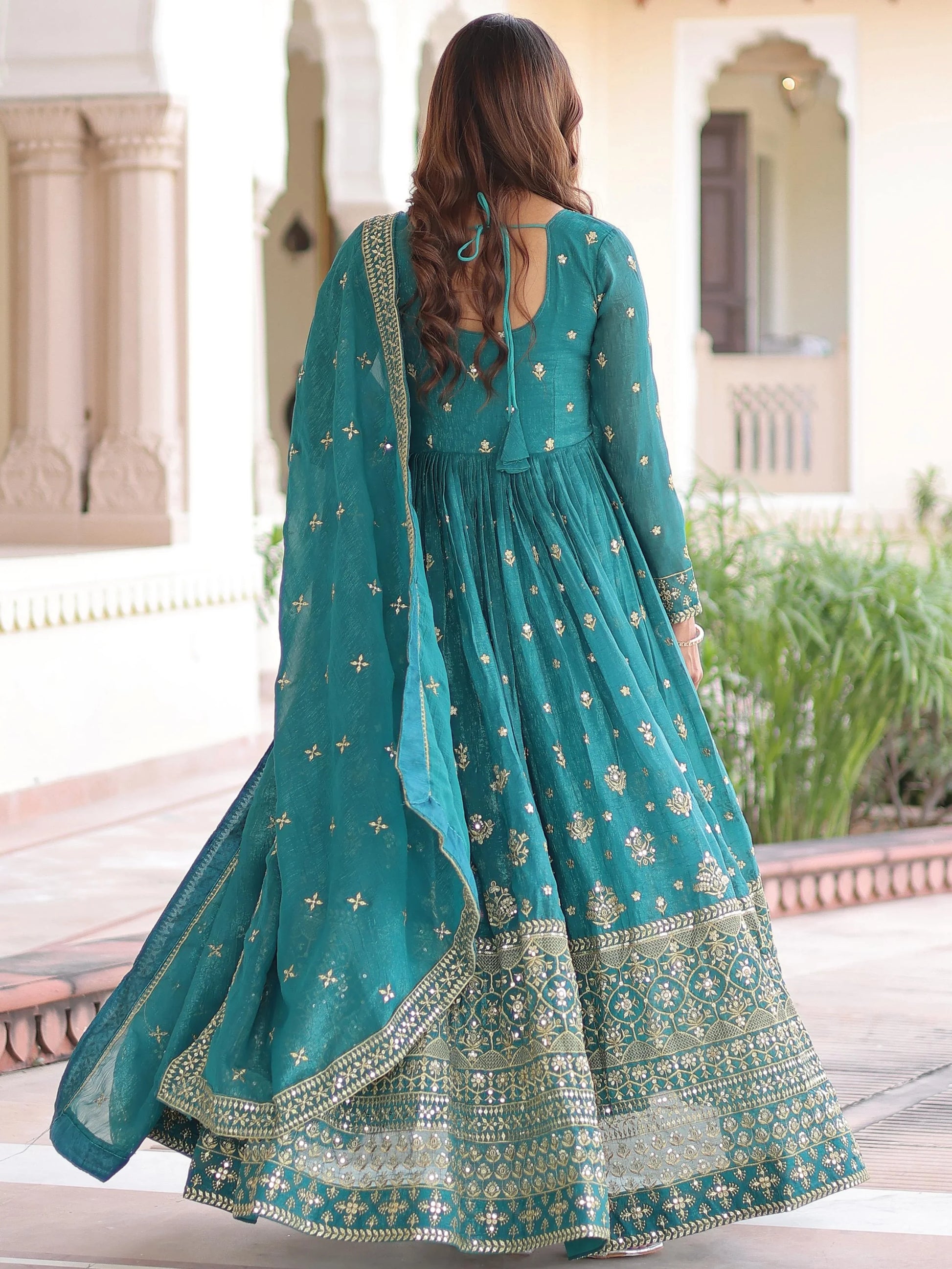 Enchanting Green Sequins Embroidered Silk Festive Gown With Dupatta