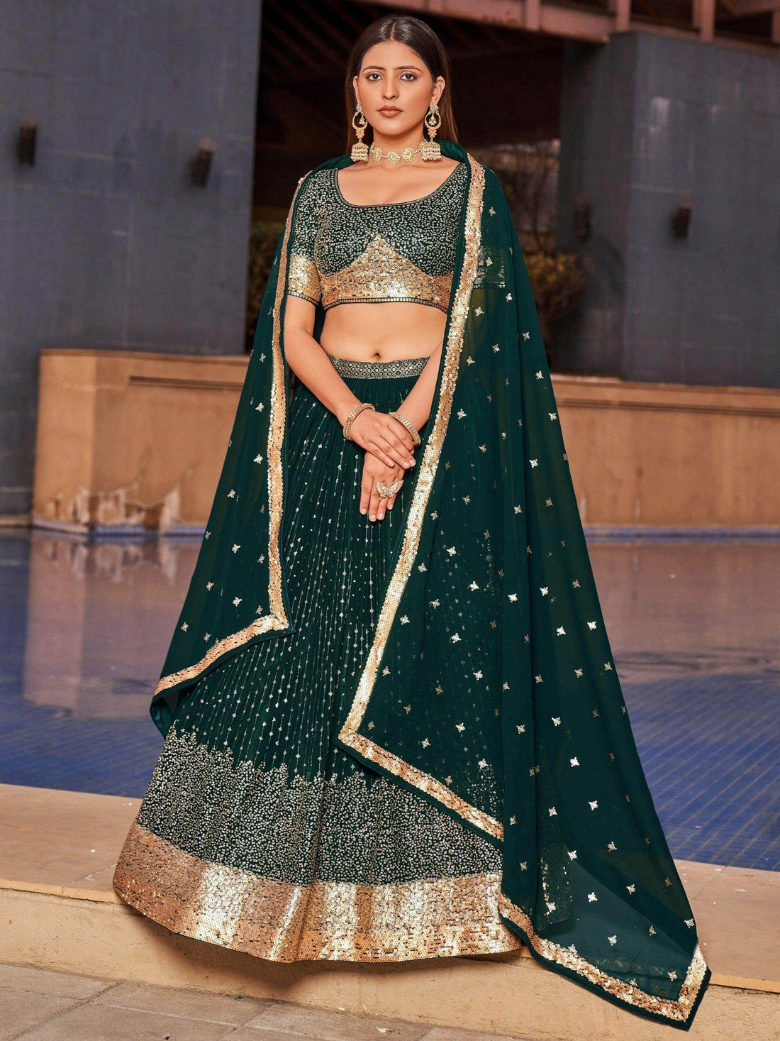Enchanting Green Sequins Georgette Mehendi Wear Lehenga Choli - Zeel Clothing