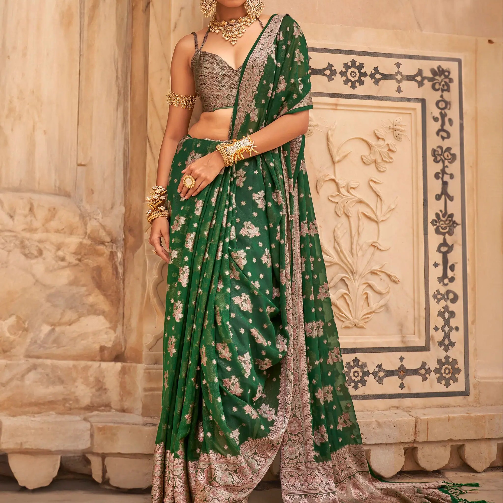 Enchanting Green Zari Weaving Georgette Mehendi Wear Saree - Zeel Clothing