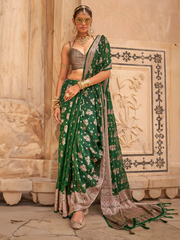 Enchanting Green Zari Weaving Georgette Mehendi Wear Saree - Zeel Clothing