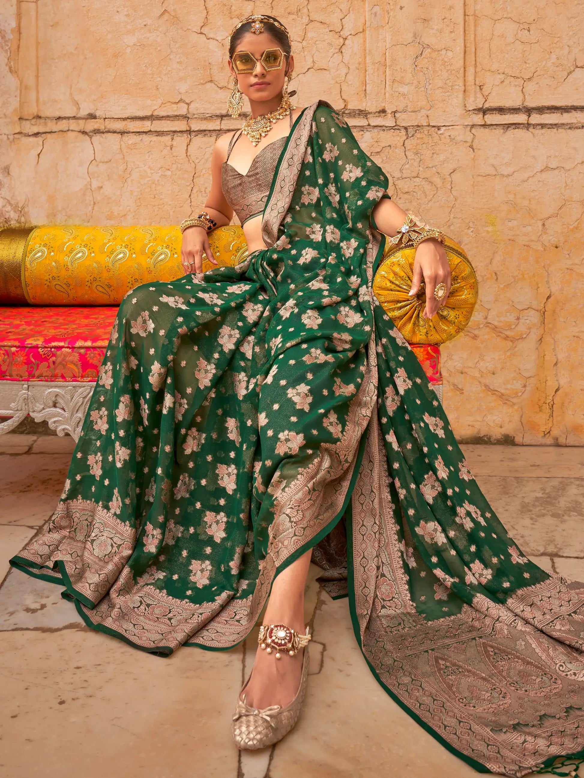 Enchanting Green Zari Weaving Georgette Mehendi Wear Saree - Zeel Clothing