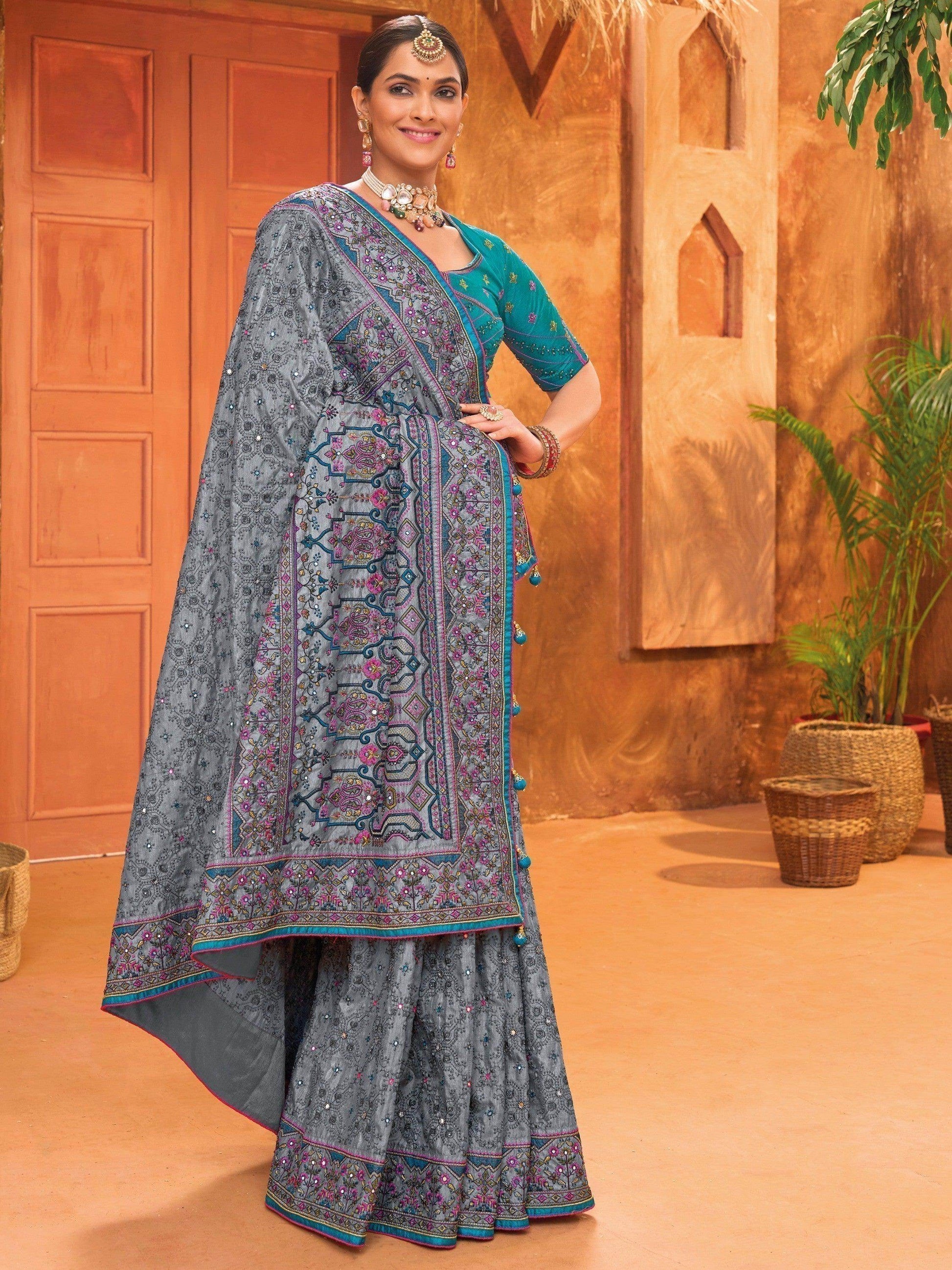 Enchanting Grey Mirror Work Banarasi Silk Saree With Blouse - Zeel Clothing