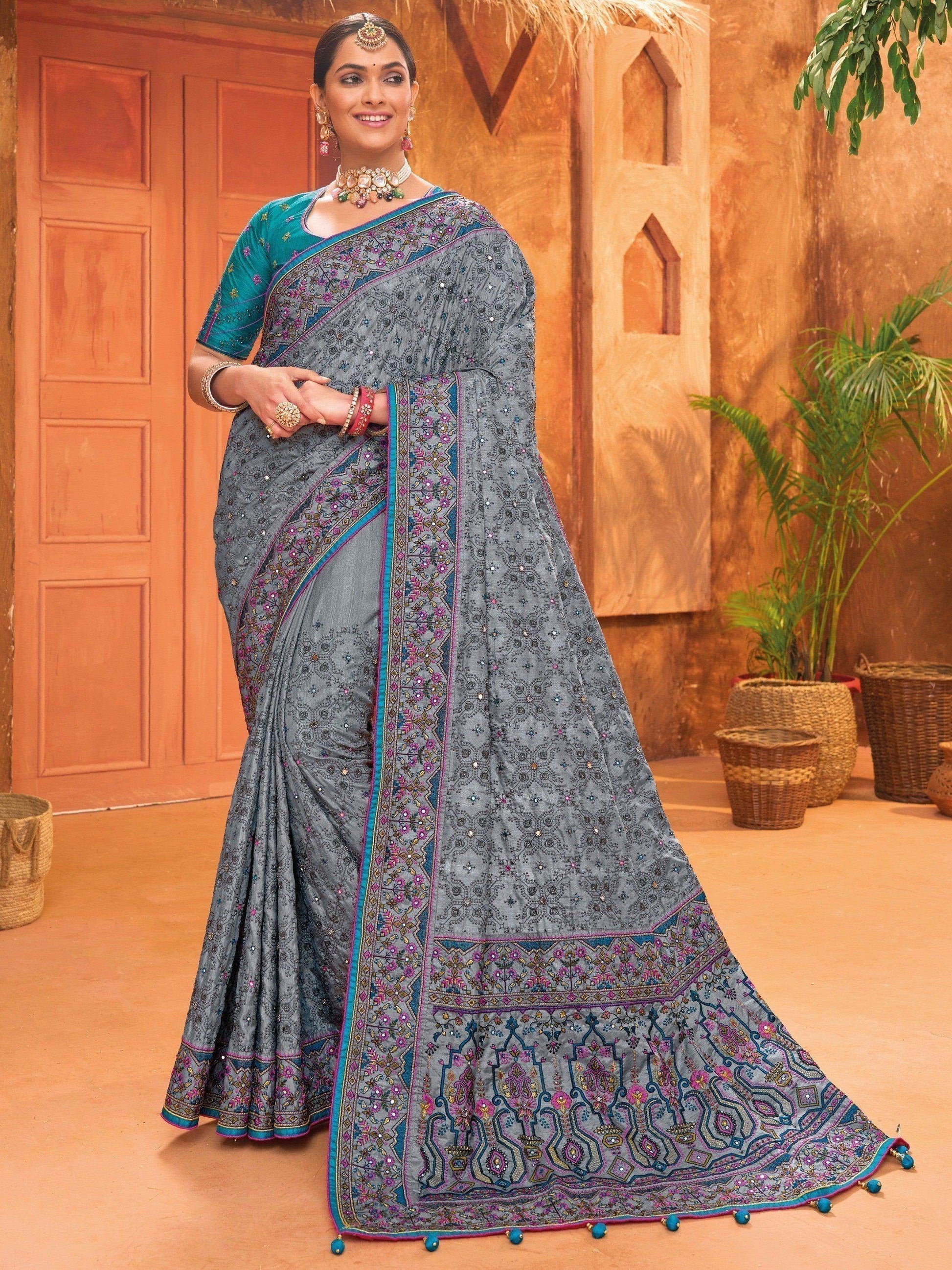 Enchanting Grey Mirror Work Banarasi Silk Saree With Blouse - Zeel Clothing