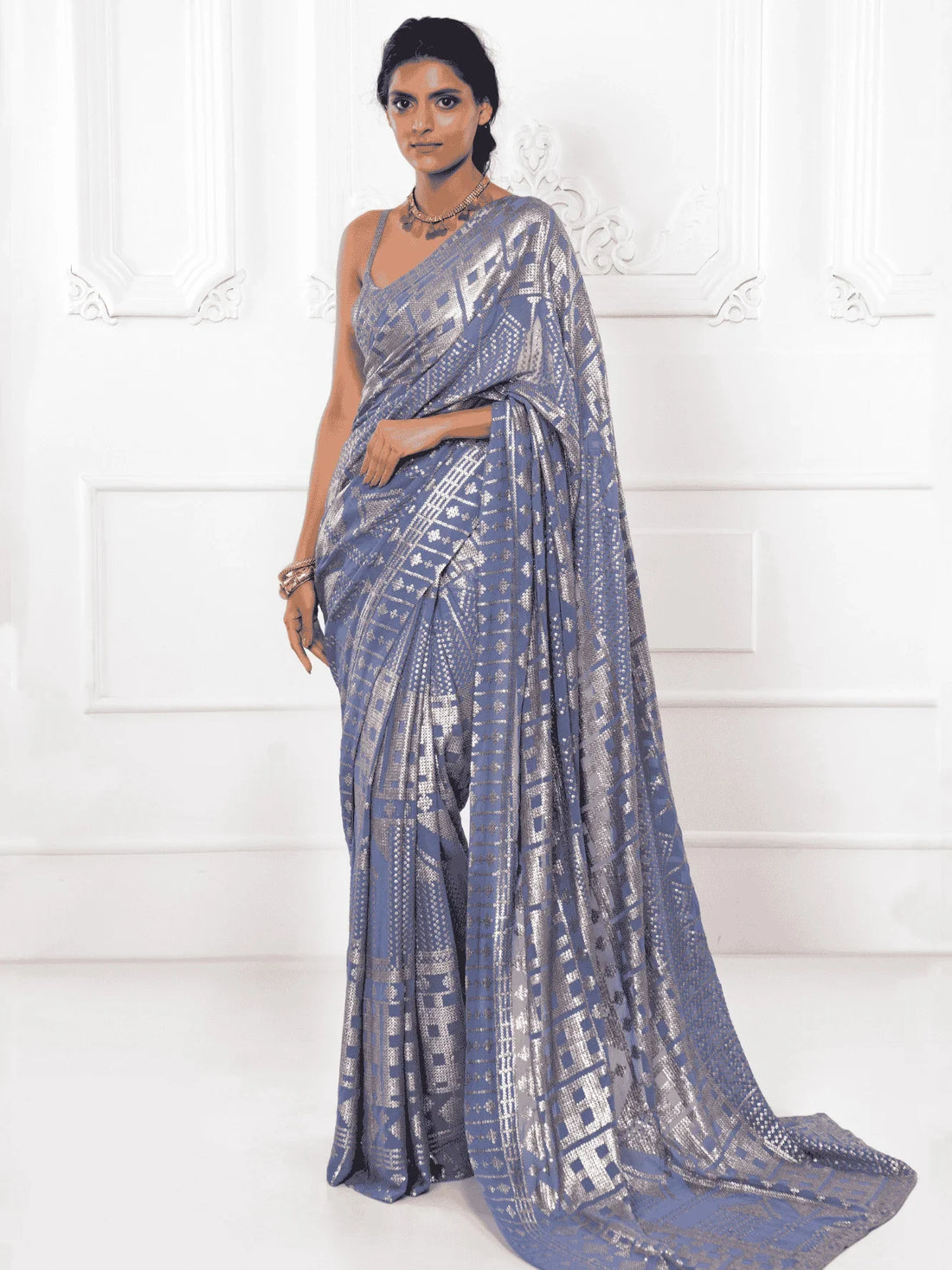 Enchanting Grey Sequins Georgette Reception Wear Saree With Blouse - Zeel Clothing
