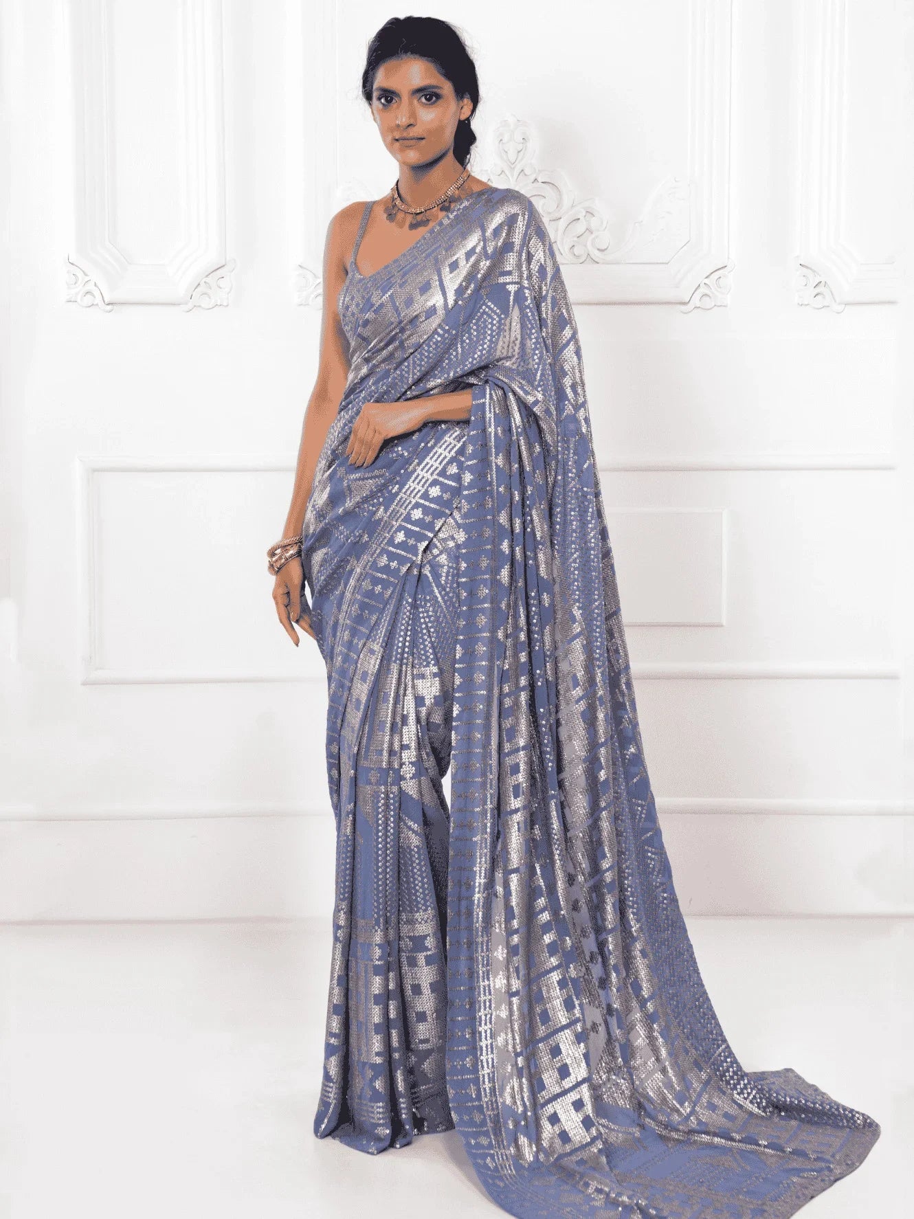 Enchanting Grey Sequins Georgette Reception Wear Saree With Blouse - Zeel Clothing