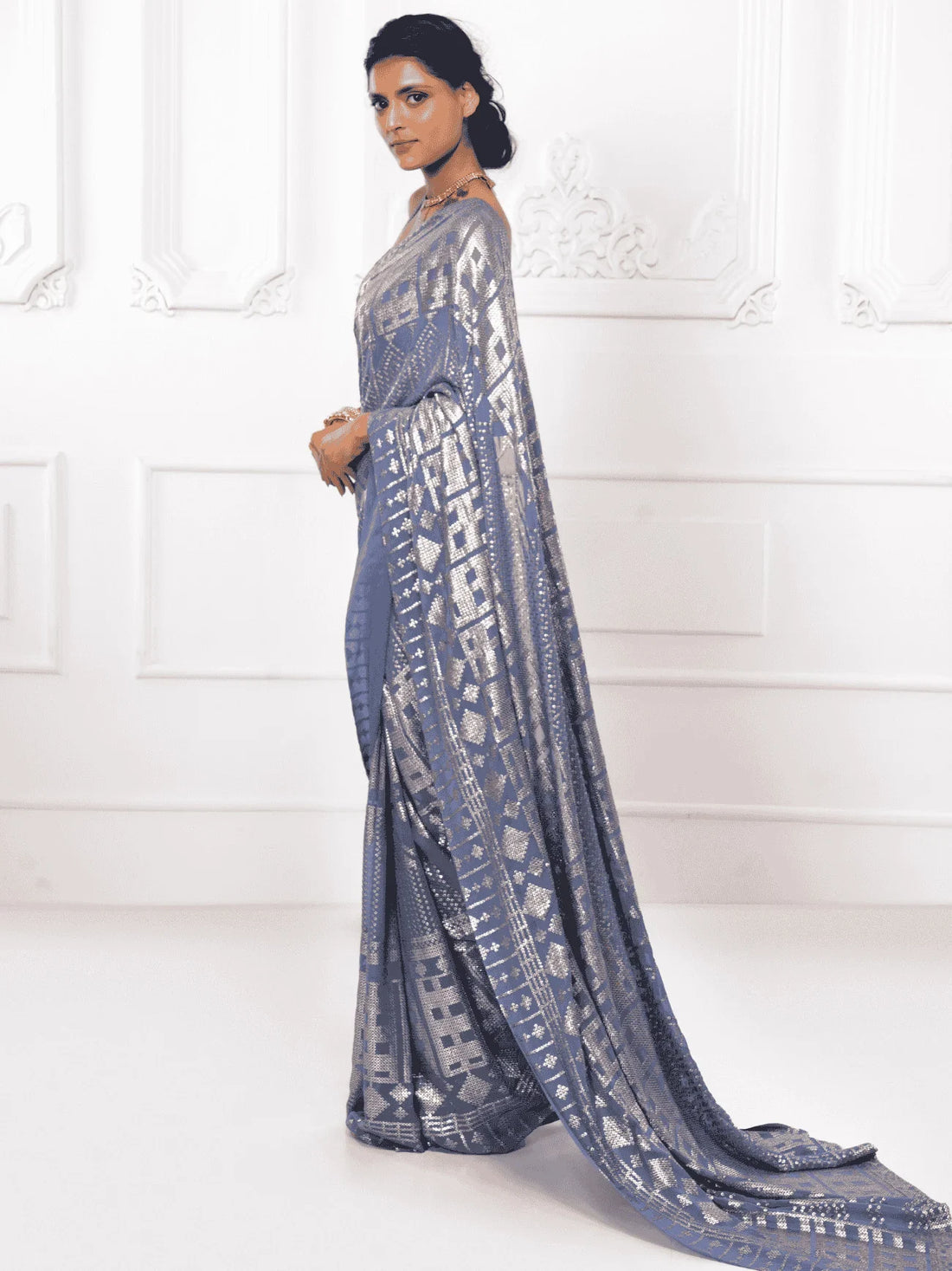 Enchanting Grey Sequins Georgette Reception Wear Saree With Blouse - Zeel Clothing