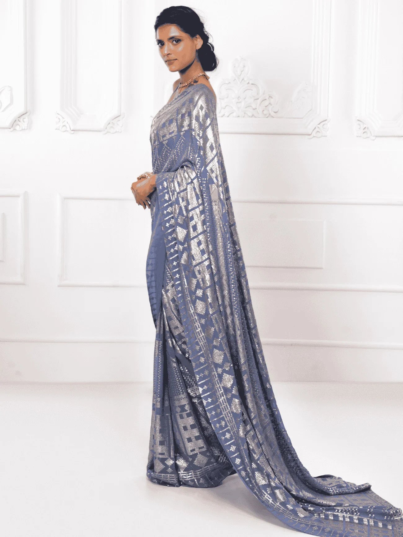 Enchanting Grey Sequins Georgette Reception Wear Saree With Blouse - Zeel Clothing