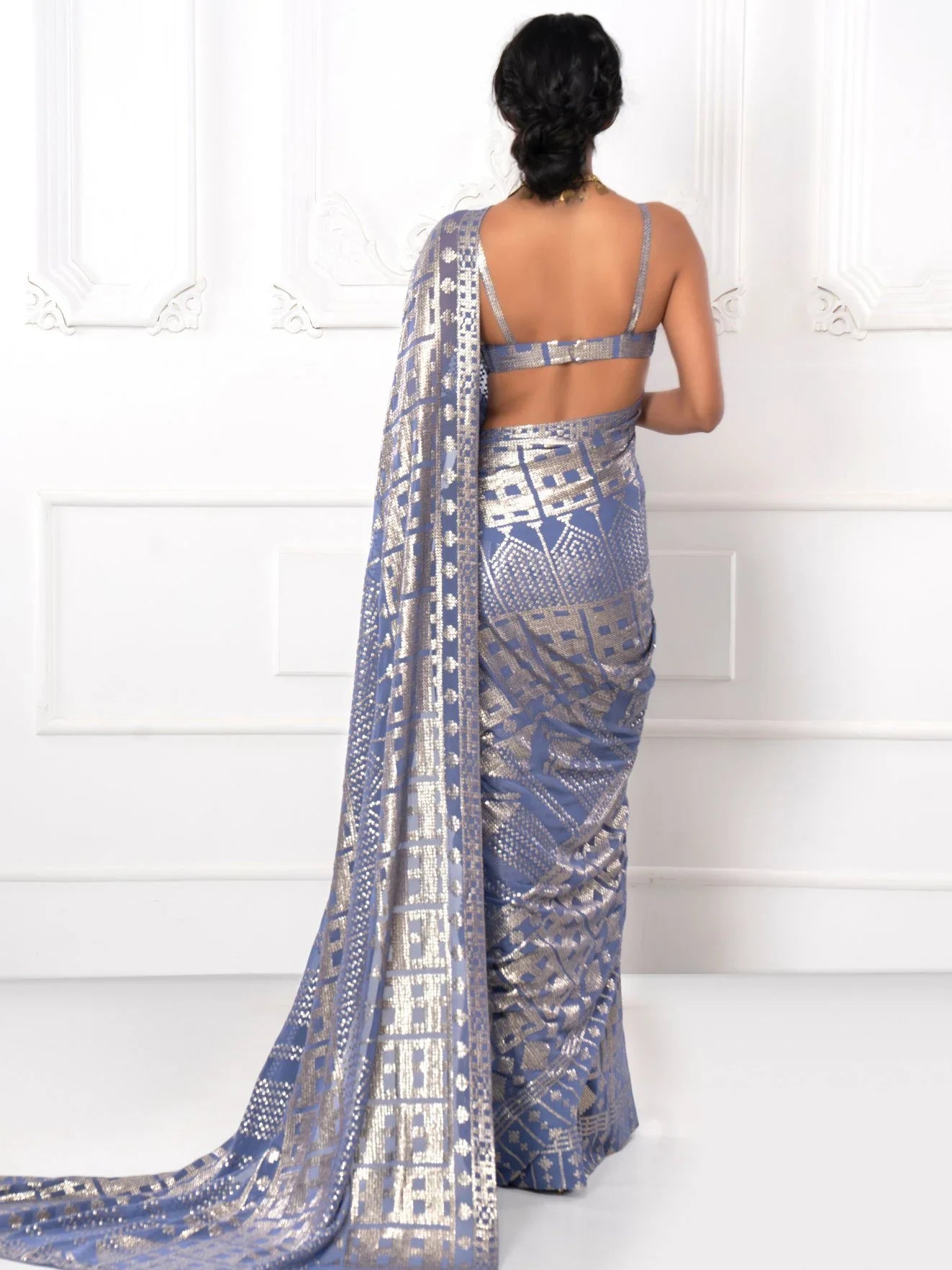 Enchanting Grey Sequins Georgette Reception Wear Saree With Blouse - Zeel Clothing