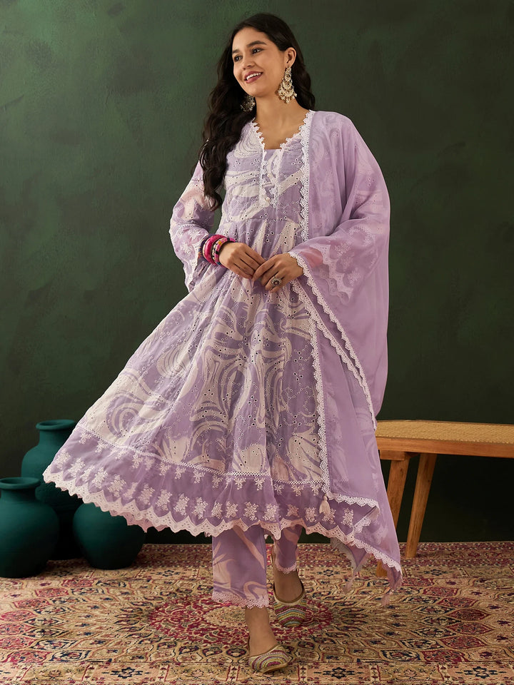 Enchanting Lavender Embroidered Cotton Readymade Anarkali Suit Pant - Zeel Clothing