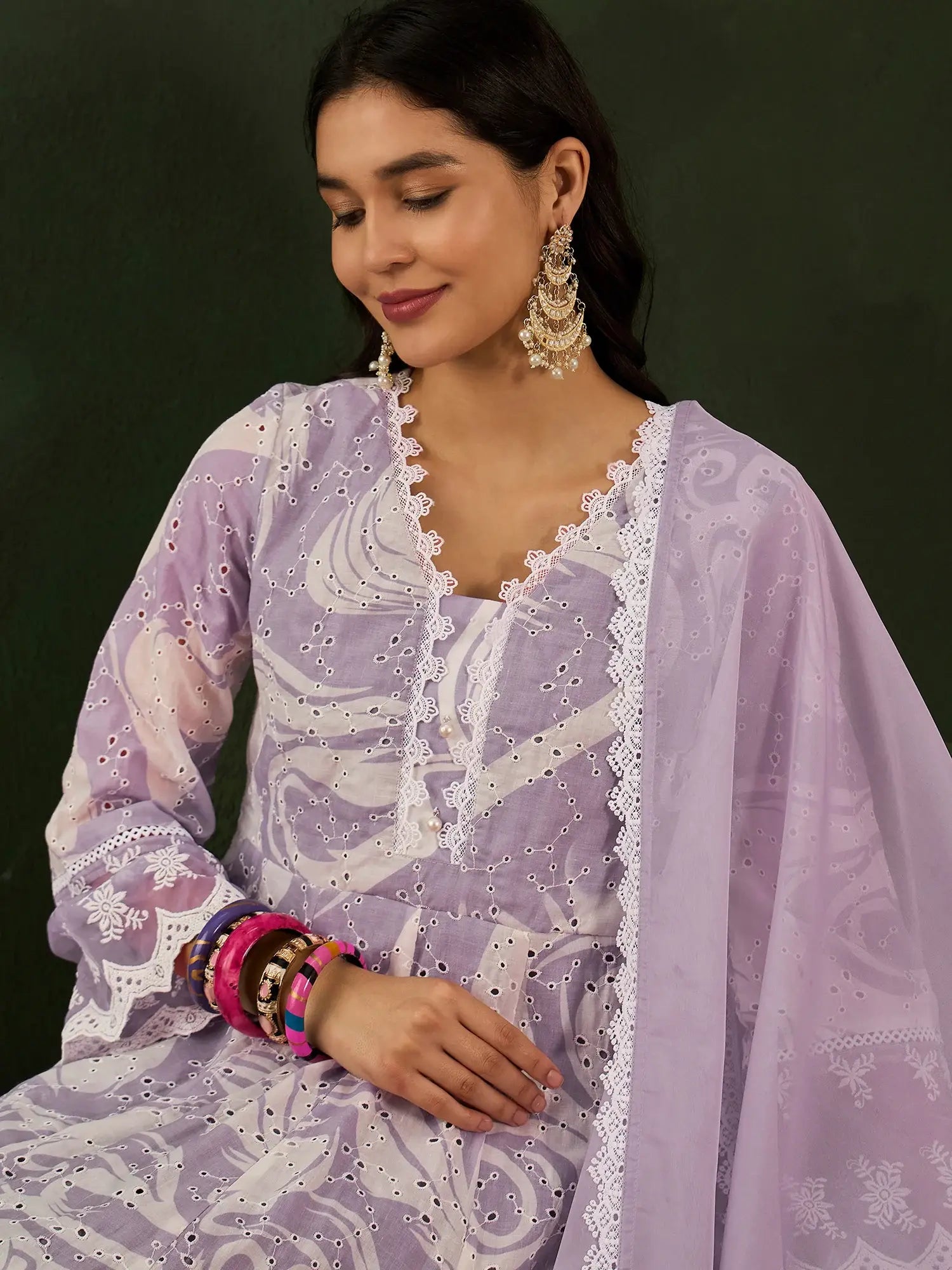 Enchanting Lavender Embroidered Cotton Readymade Anarkali Suit Pant - Zeel Clothing