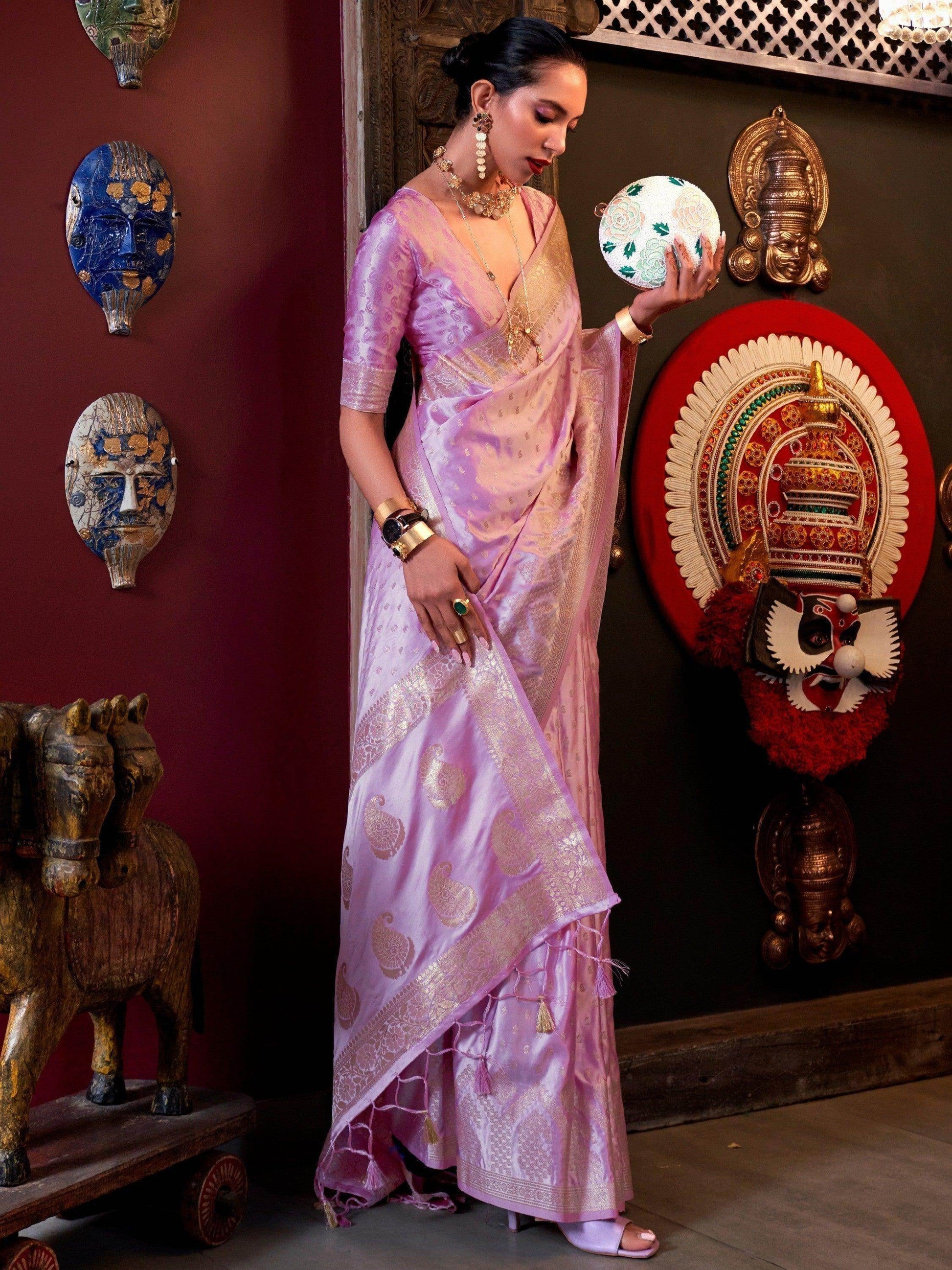 Enchanting Lavender Handloom Weaving Satin Saree With Blouse - Zeel Clothing