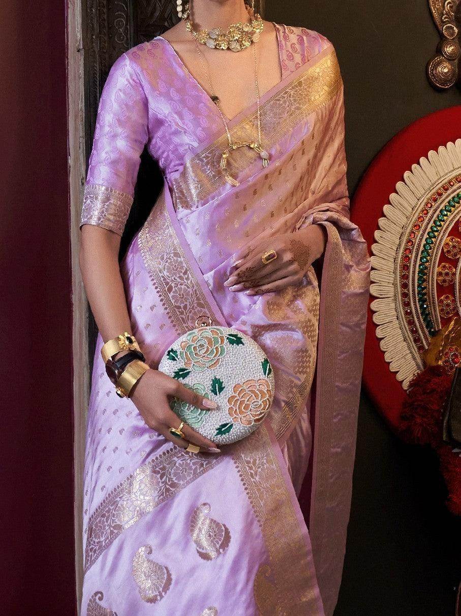 Enchanting Lavender Handloom Weaving Satin Saree With Blouse - Zeel Clothing