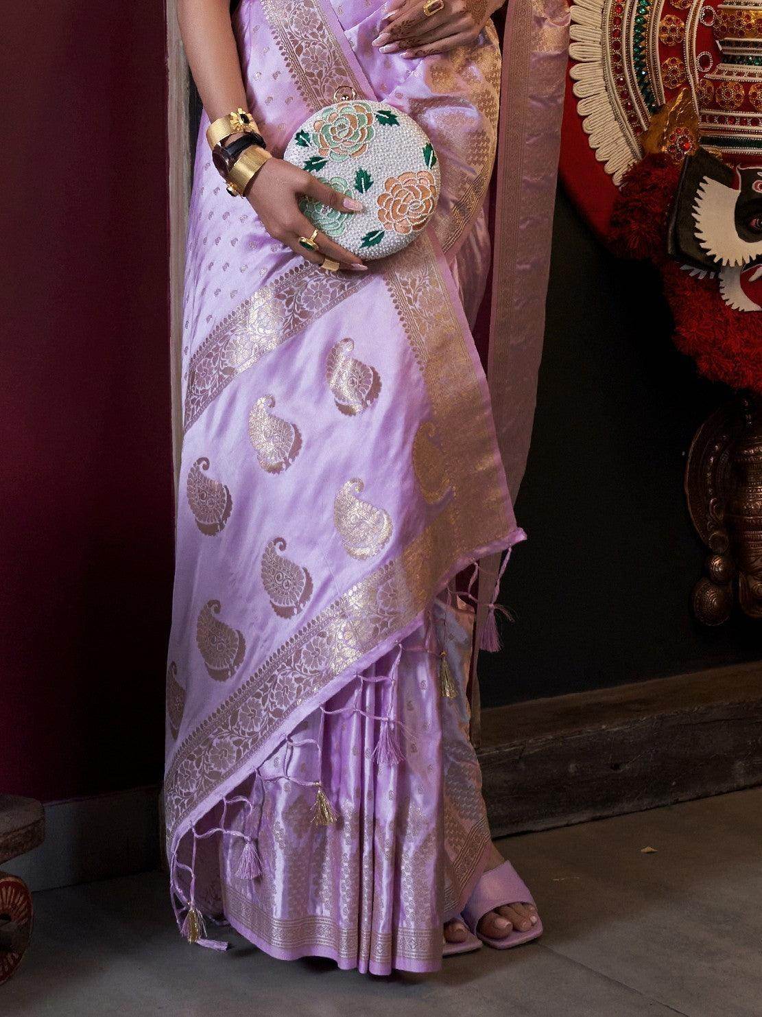 Enchanting Lavender Handloom Weaving Satin Saree With Blouse - Zeel Clothing