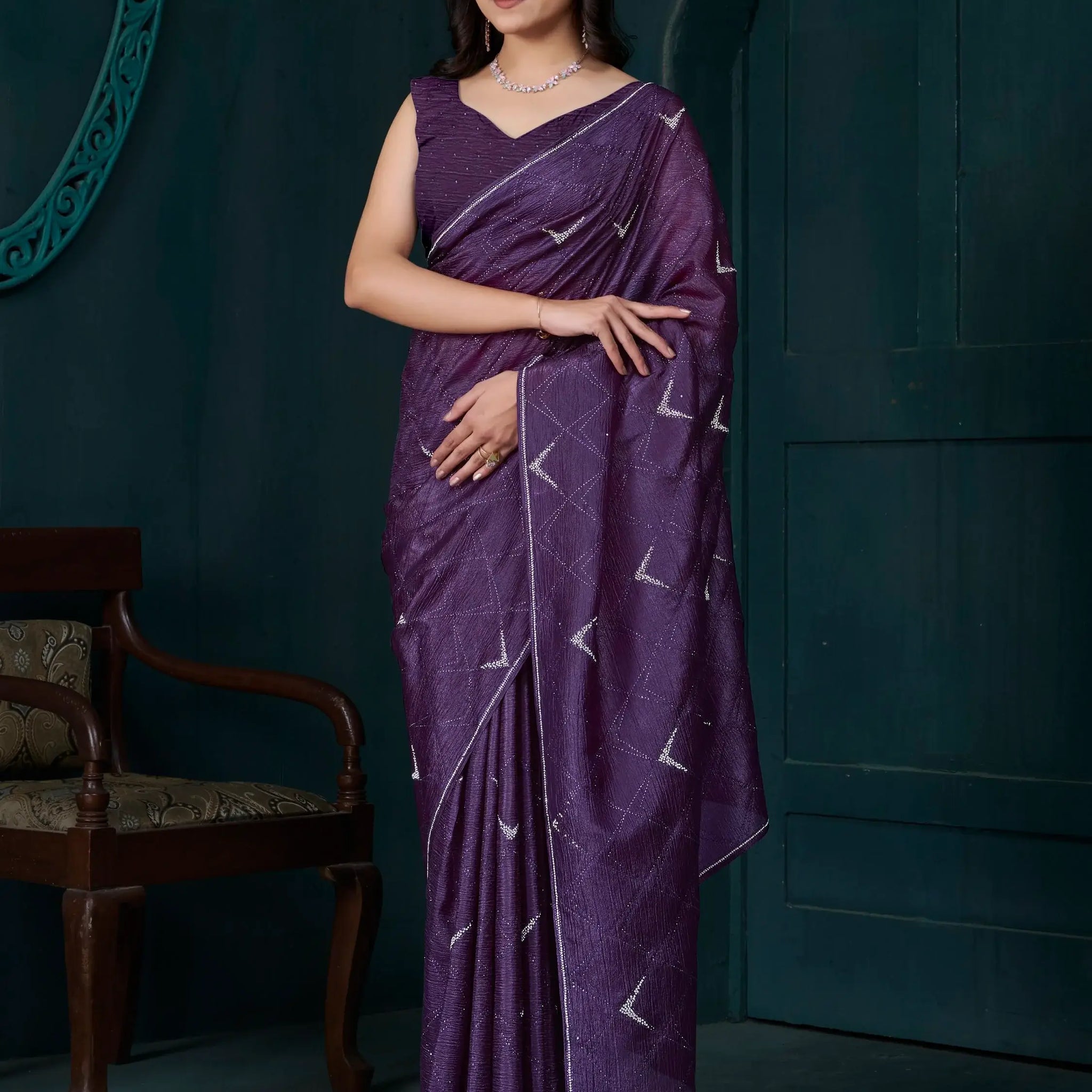 Enchanting Lavender Jarkan Work Crepe Silk Party Wear Saree - Zeel Clothing