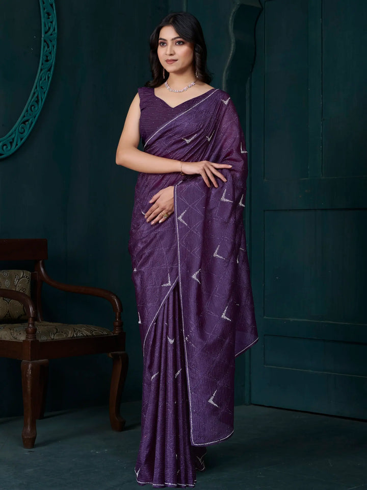 Enchanting Lavender Jarkan Work Crepe Silk Party Wear Saree - Zeel Clothing
