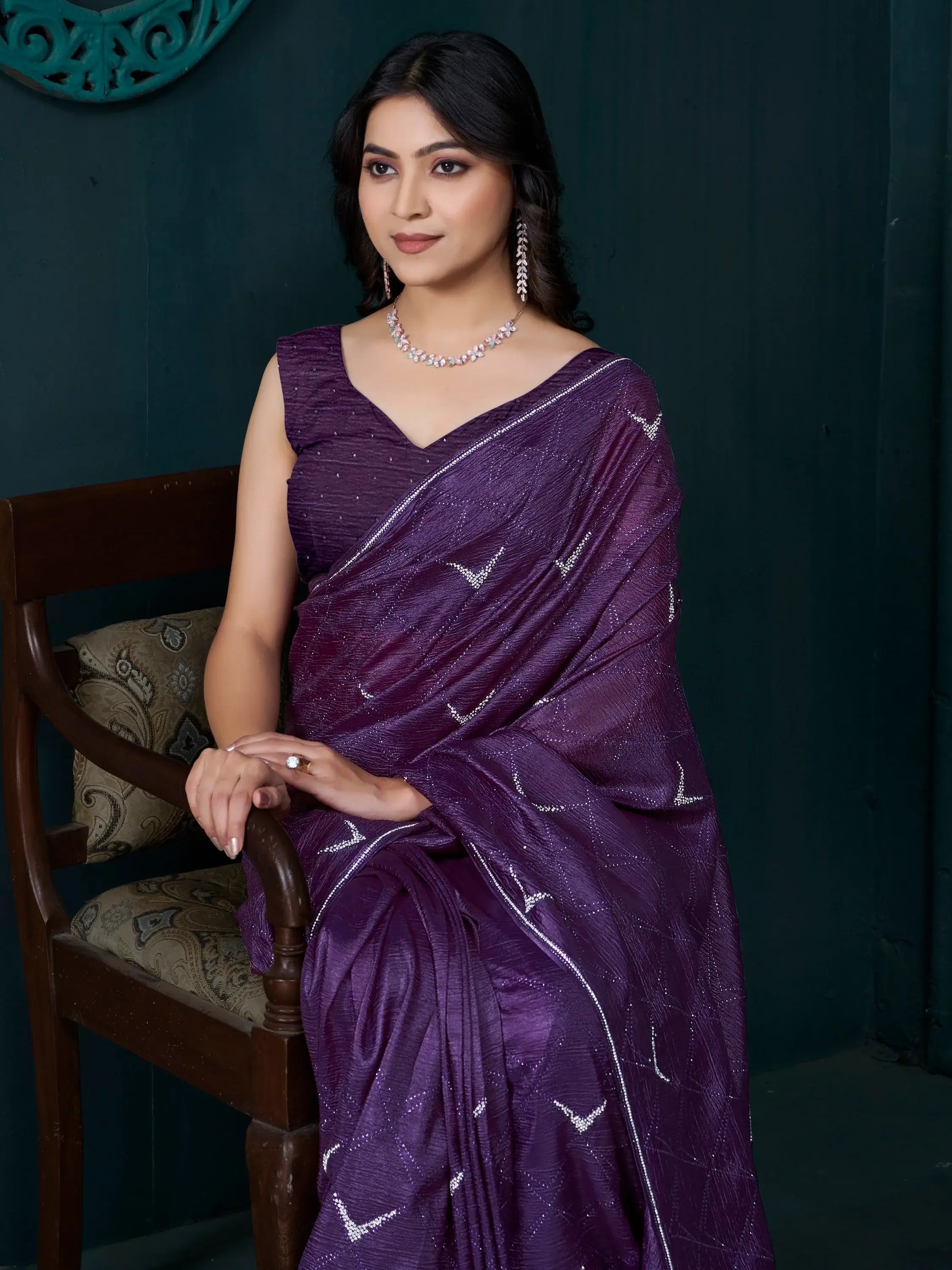 Enchanting Lavender Jarkan Work Crepe Silk Party Wear Saree - Zeel Clothing