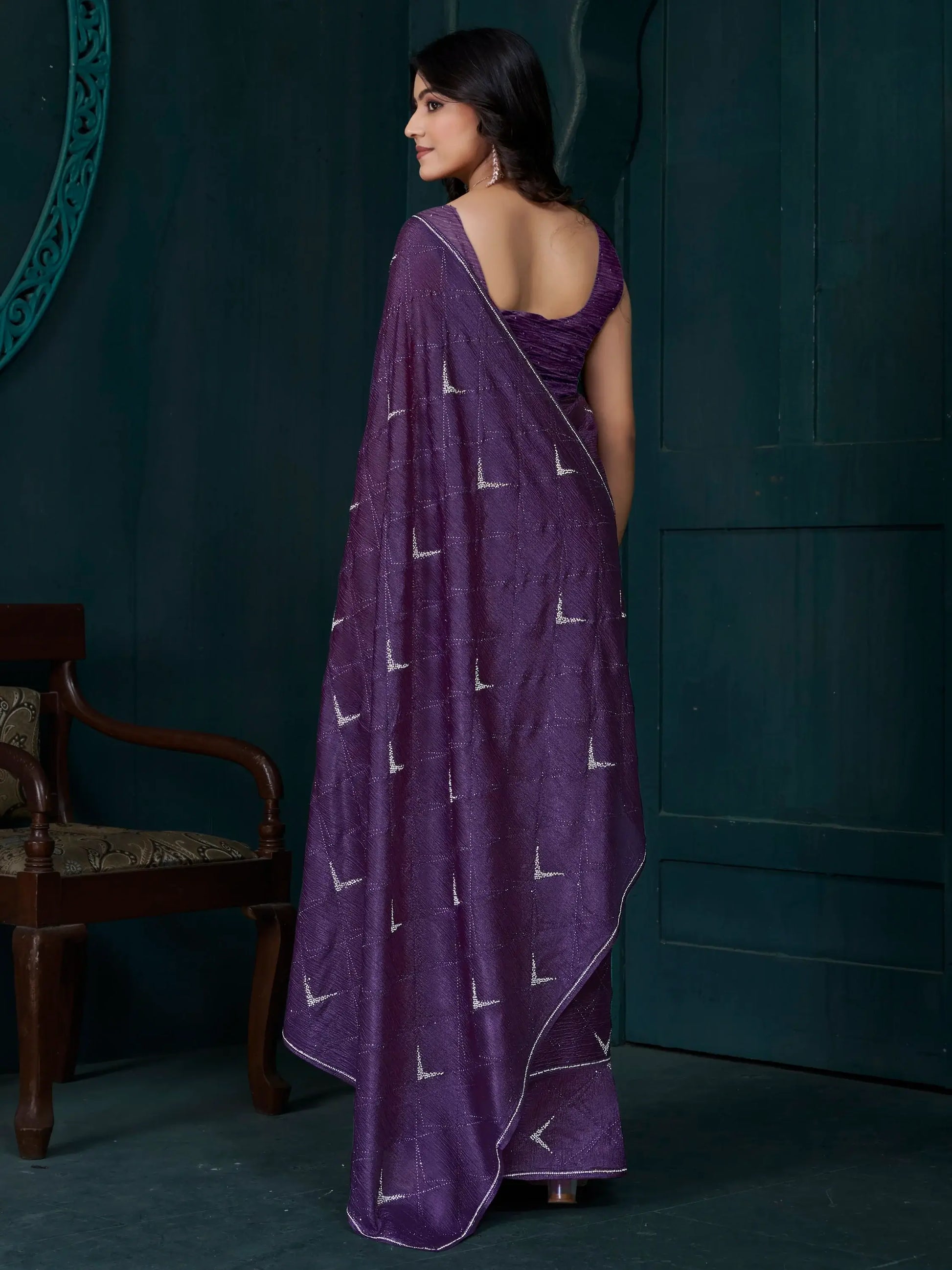 Enchanting Lavender Jarkan Work Crepe Silk Party Wear Saree - Zeel Clothing