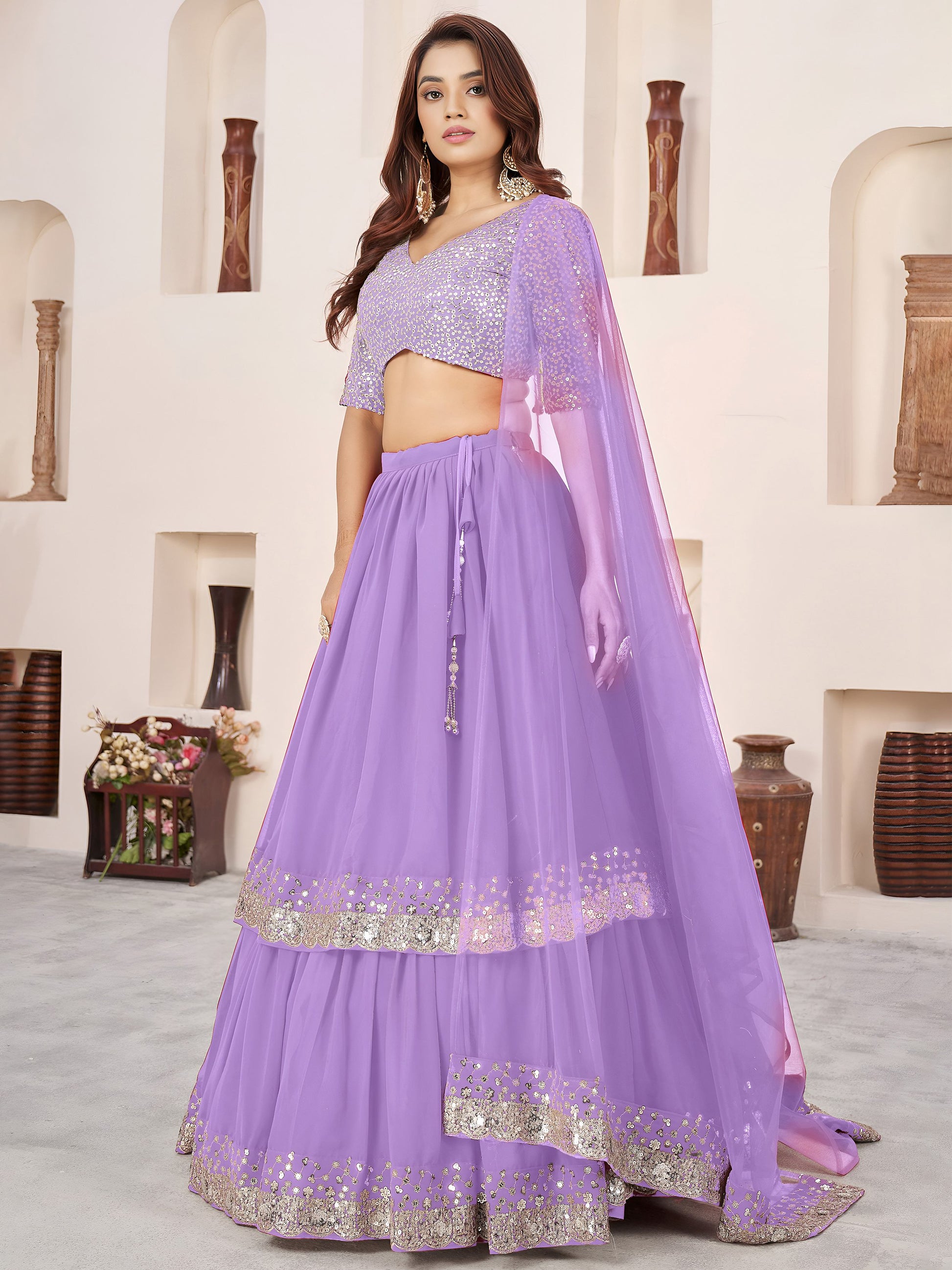 Enchanting Lavender Sequin Georgette Sangeet Wear Lehenga With Dupatta