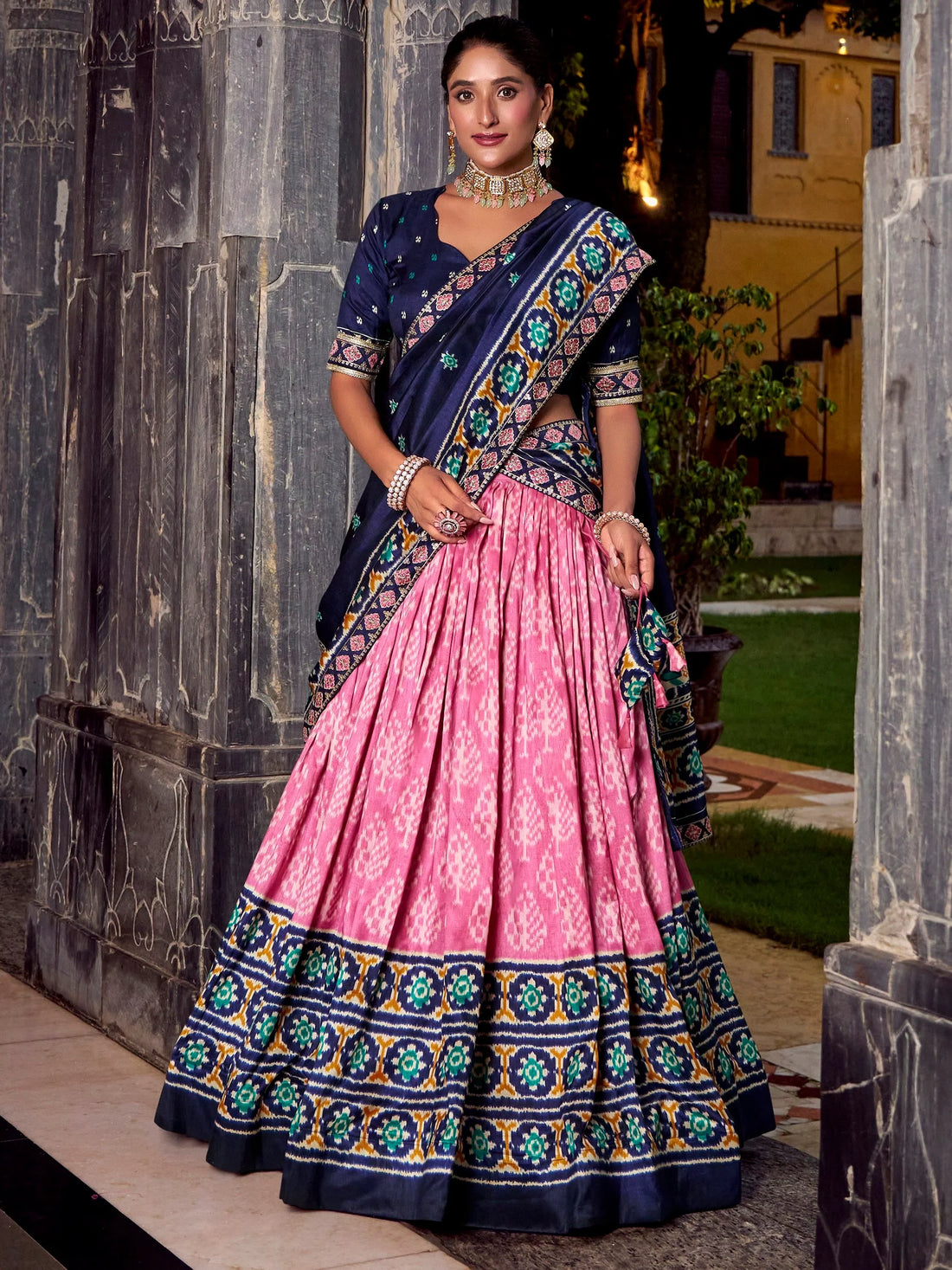 Enchanting Light Pink Ikkat Print Tussar Silk Festive Wear Half Saree Lehenga - Zeel Clothing