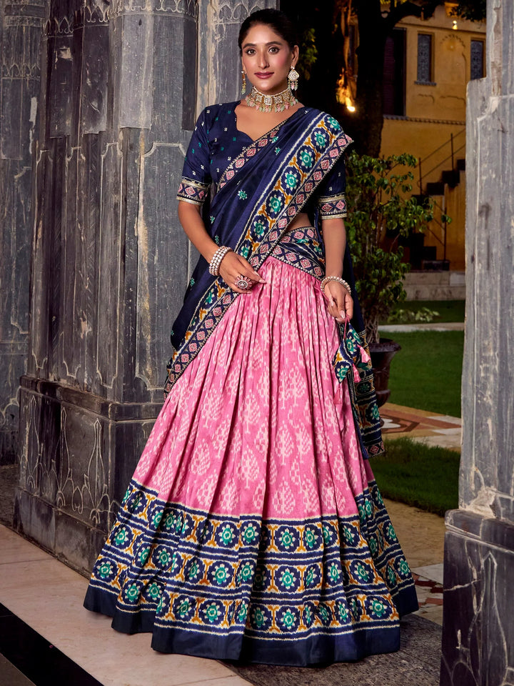 Enchanting Light Pink Ikkat Print Tussar Silk Festive Wear Half Saree Lehenga - Zeel Clothing
