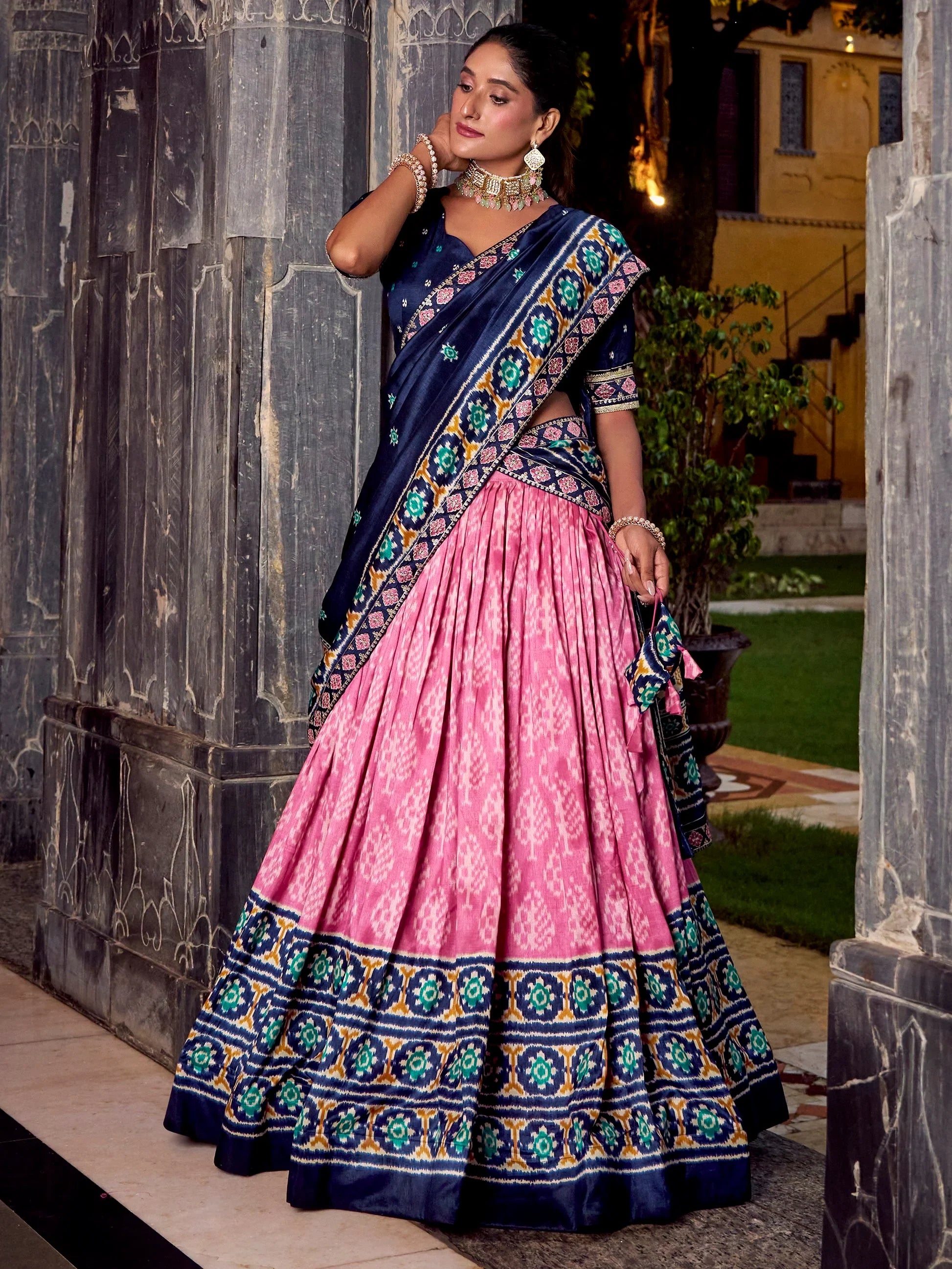Enchanting Light Pink Ikkat Print Tussar Silk Festive Wear Half Saree Lehenga - Zeel Clothing