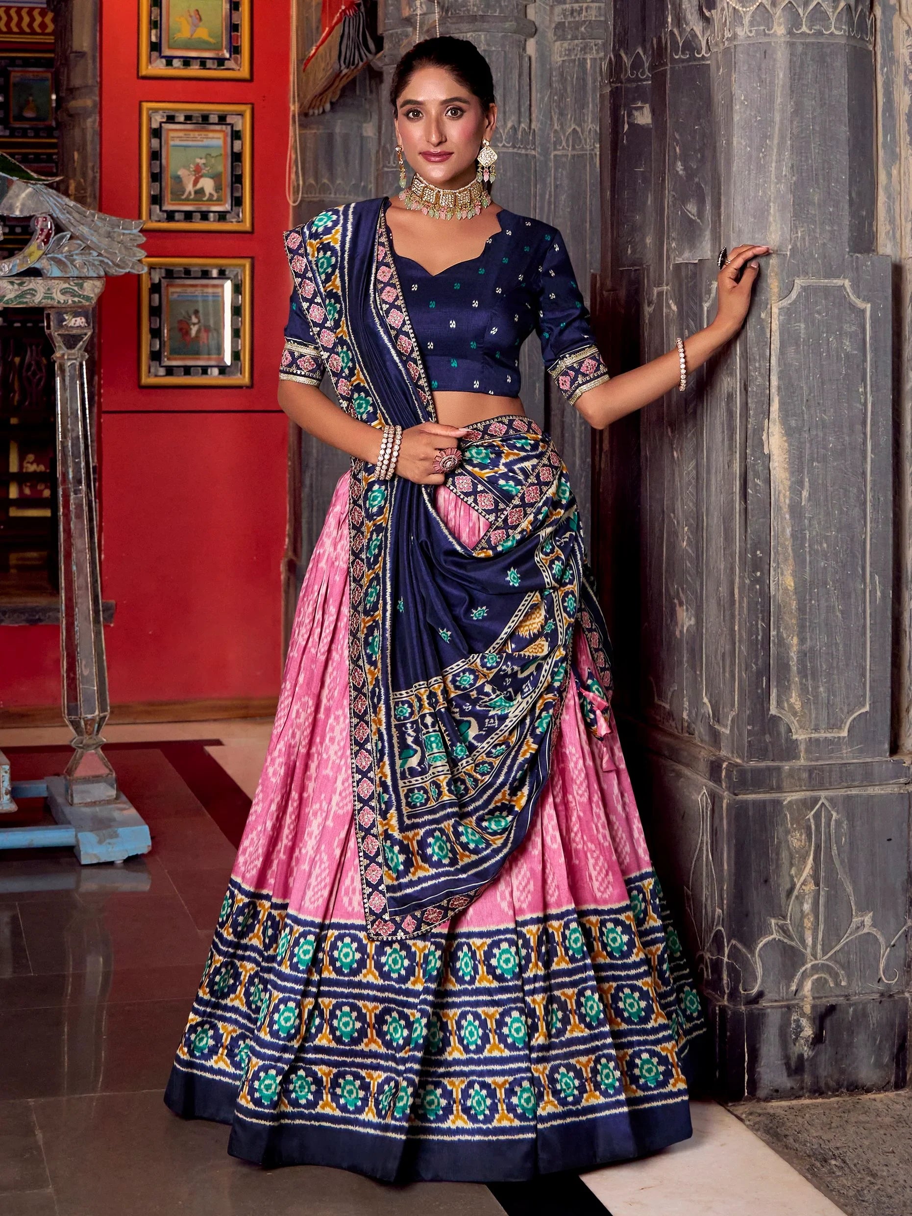 Enchanting Light Pink Ikkat Print Tussar Silk Festive Wear Half Saree Lehenga - Zeel Clothing