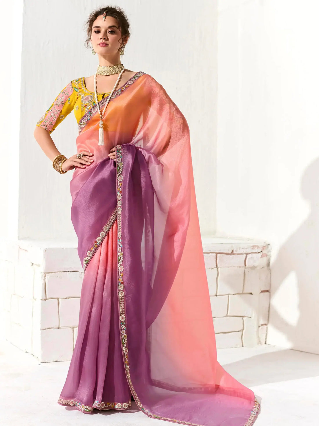 Enchanting Multi-Color Tissue Silk Saree With Sequins Blouse - Zeel Clothing