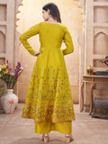 Enchanting Mustard Yellow Foil Printed Roman Silk Eid Special Anarkali Suit - Zeel Clothing