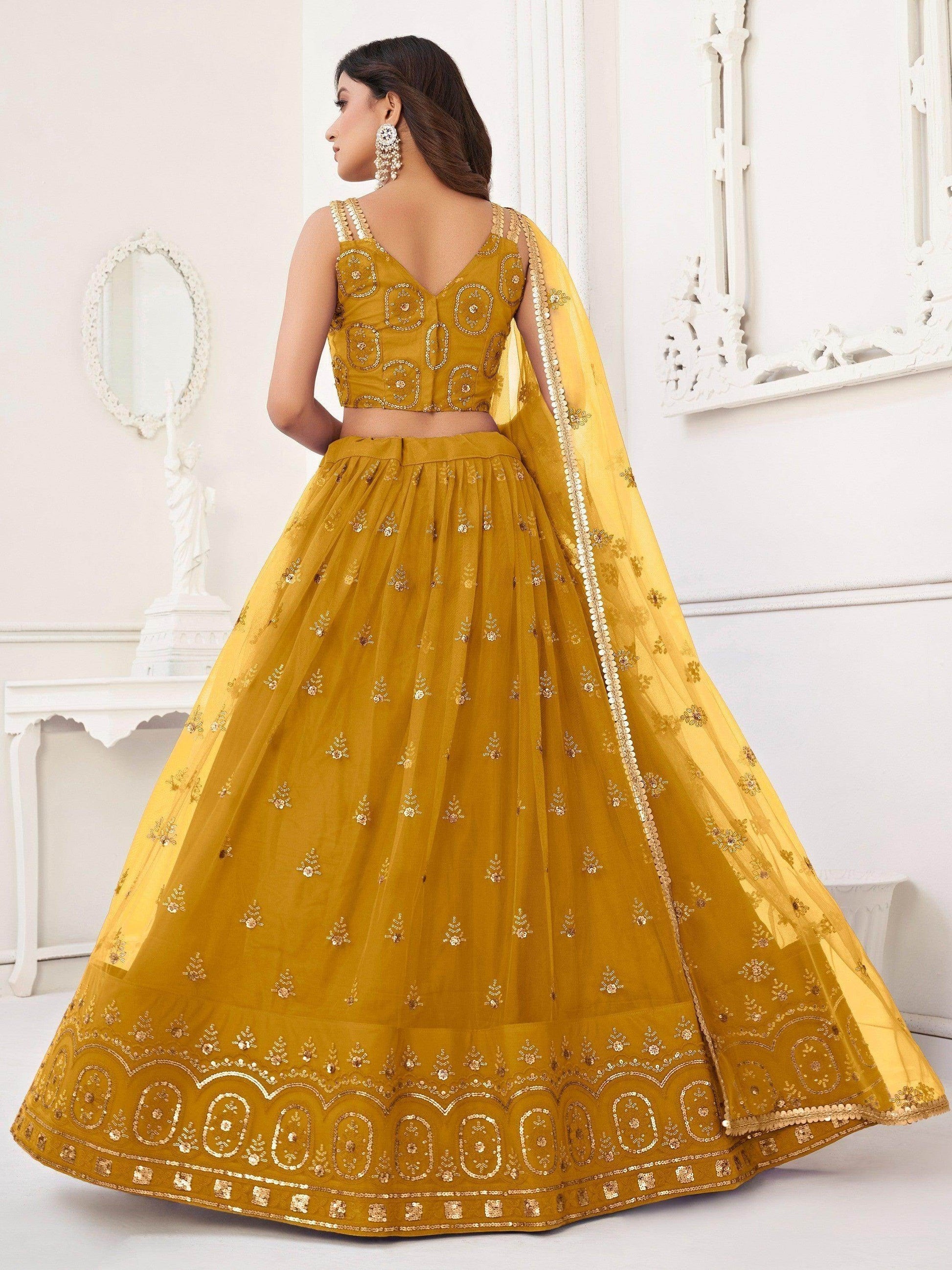 Enchanting Mustard Yellow Sequins Net Haldi Wear Lehenga Choli - Zeel Clothing