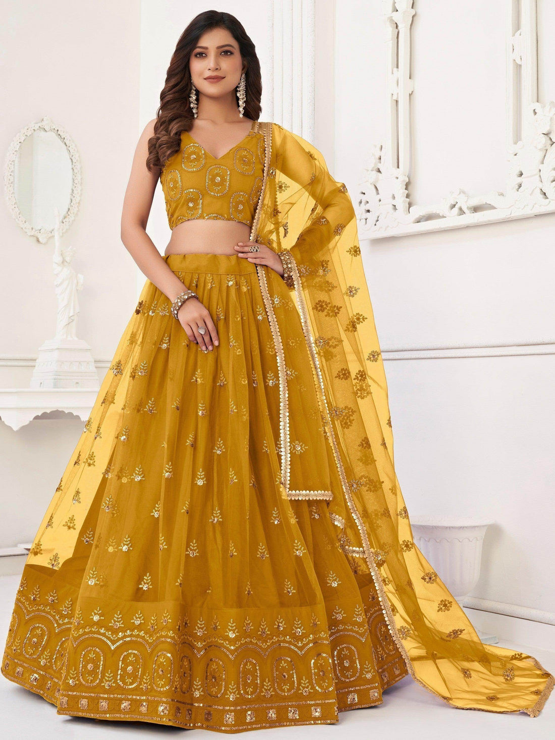 Enchanting Mustard Yellow Sequins Net Haldi Wear Lehenga Choli - Zeel Clothing