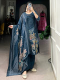 Enchanting Navy Blue Floral Printed Silk Casual Wear Palazzo Suit - Zeel Clothing