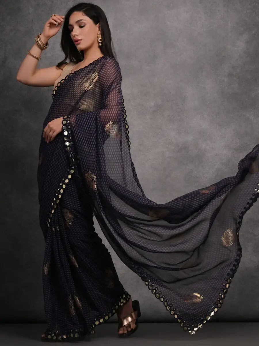 Enchanting Navy-Blue Foil Printed Georgette Saree With Blouse - Zeel Clothing
